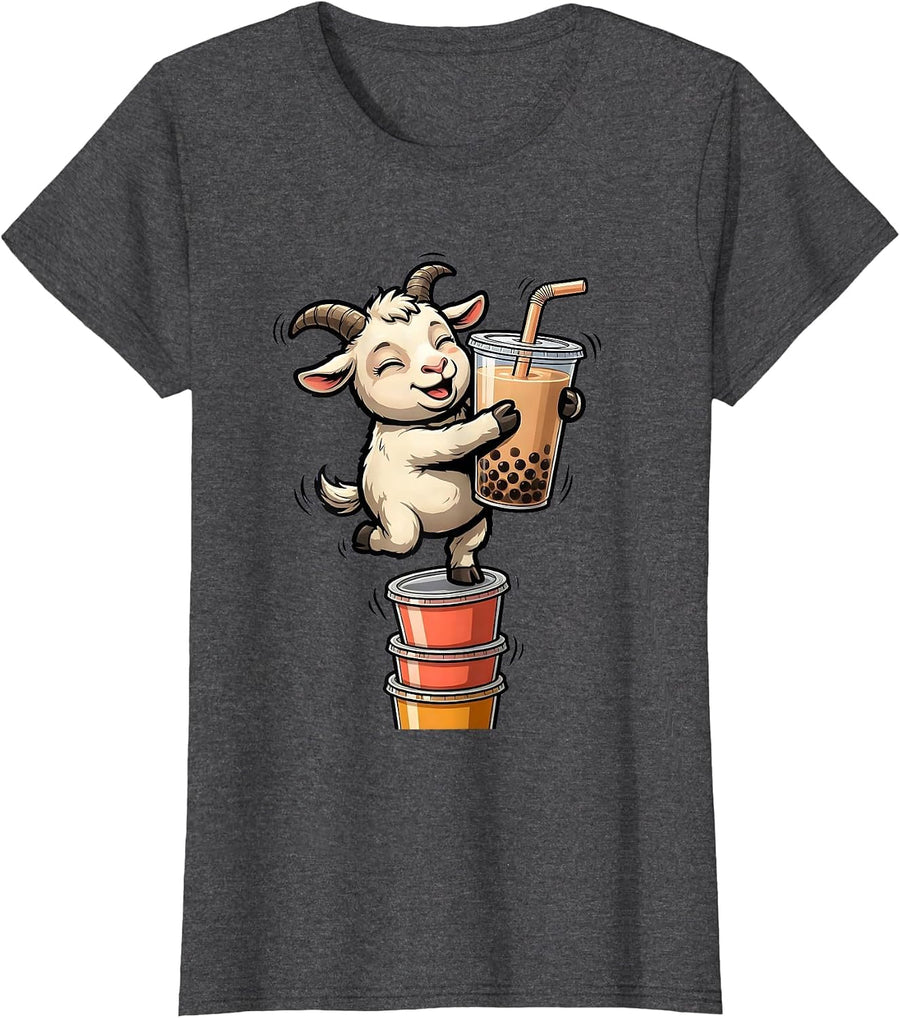 Women's Big-Eyed Goat Kawaii Anime Bubble Tea Lover Cute T-Shirt - Dark Heather Grey