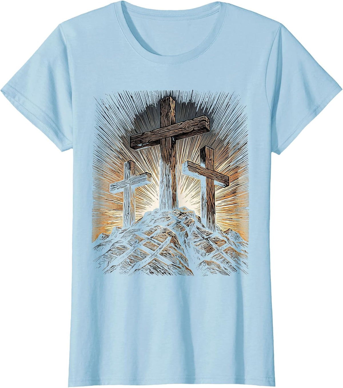 Three Crosses on Rocky Hilltop at Dusk T-Shirt - Baby Blue