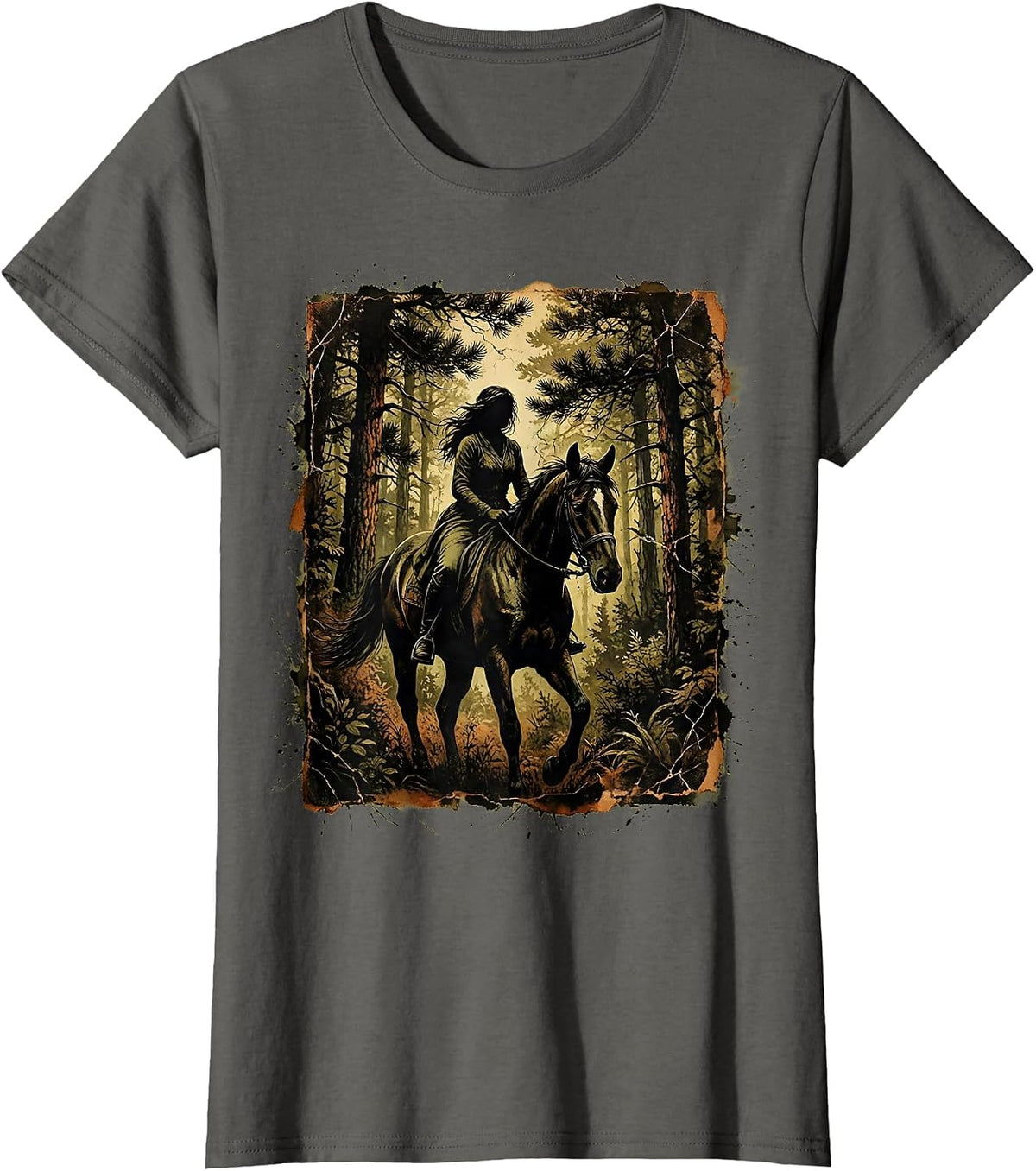 Women's Camo Horseback Rider Woodland Landscape Graphic T-Shirt - Asphalt Grey