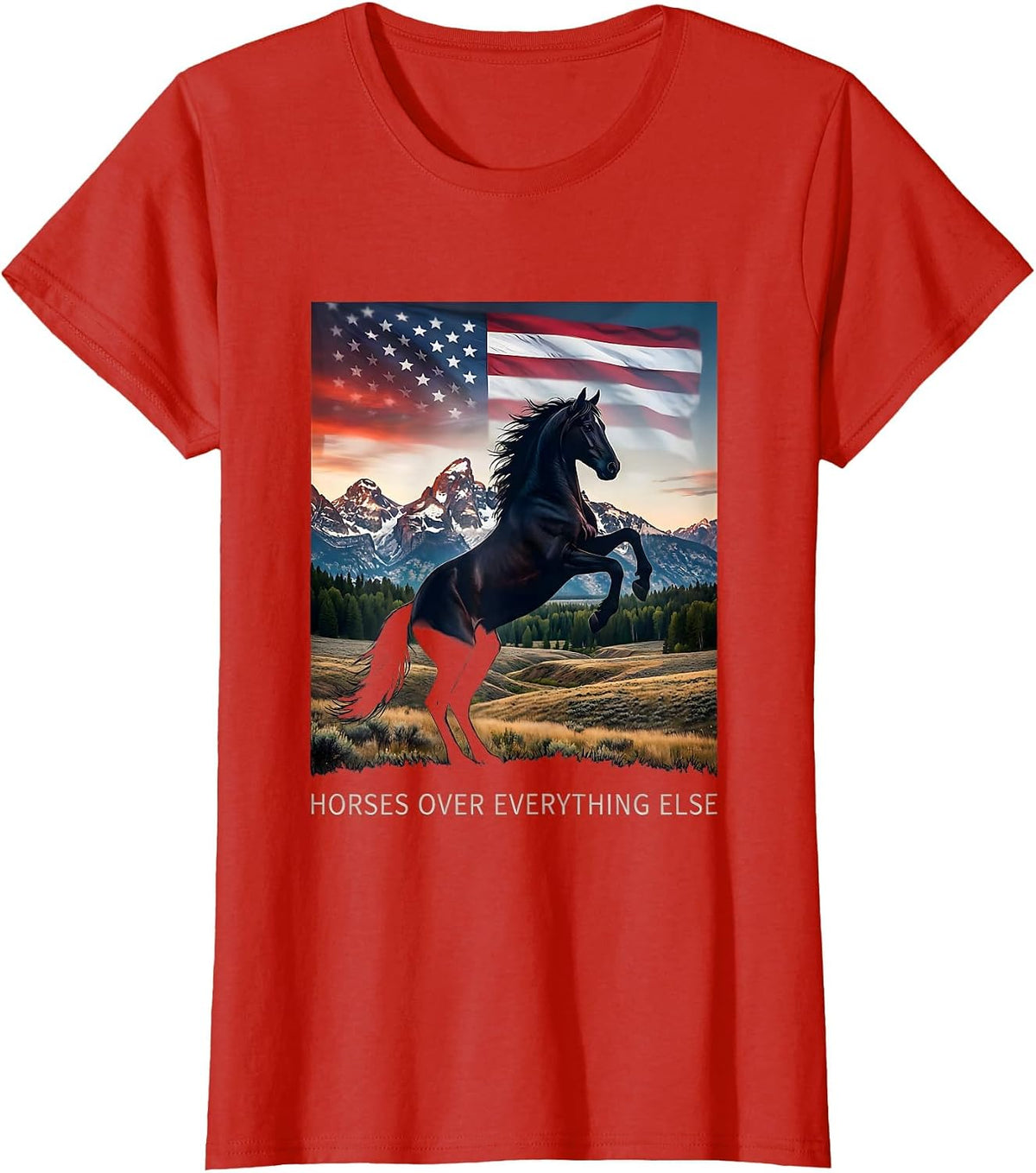 Horses Over Everything Cowgirl Graphic Design T-Shirt - Red