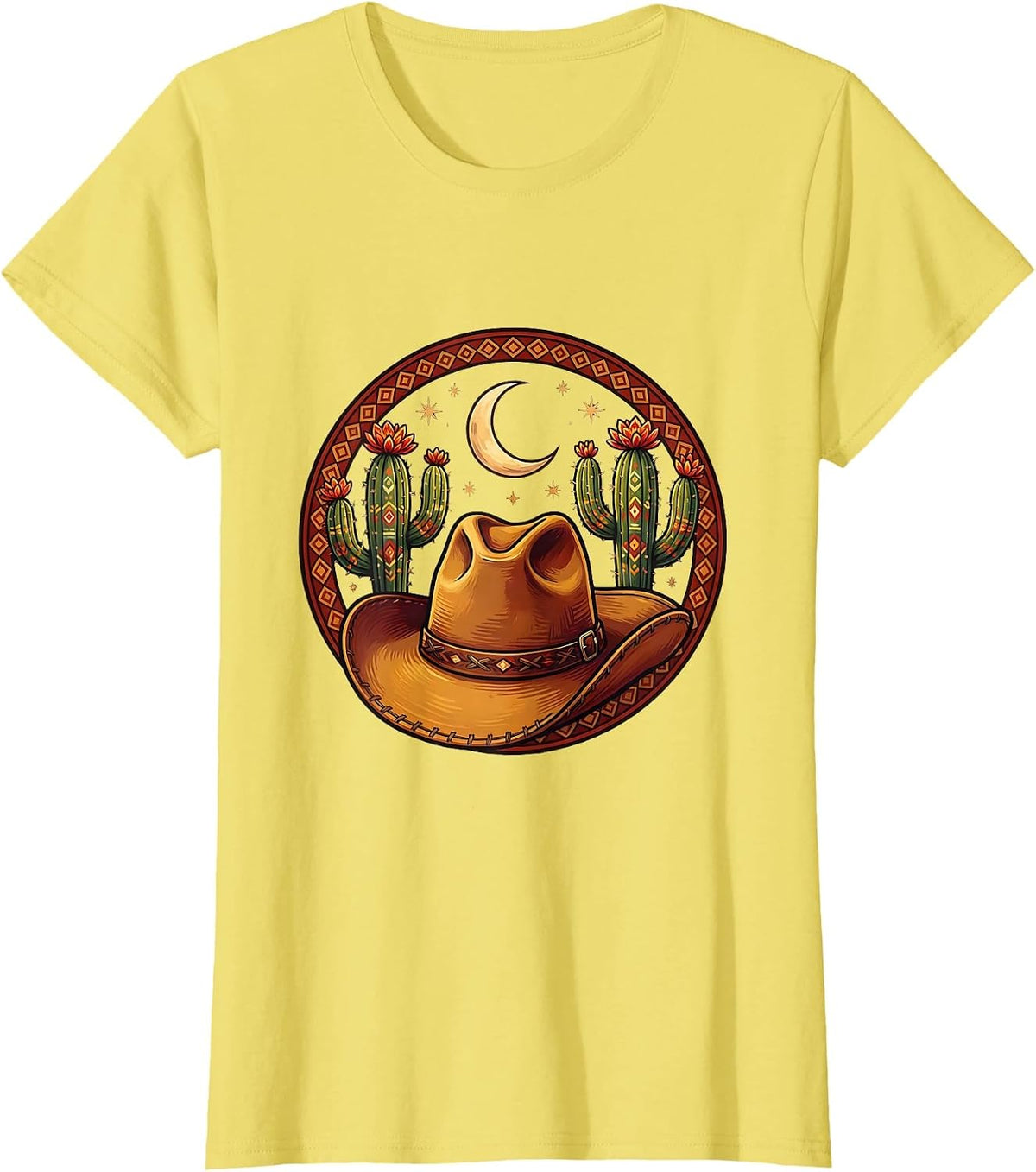 Women's Cowgirl Hat Cactus Crescent Moon Western Design T-Shirt - Lemon Yellow