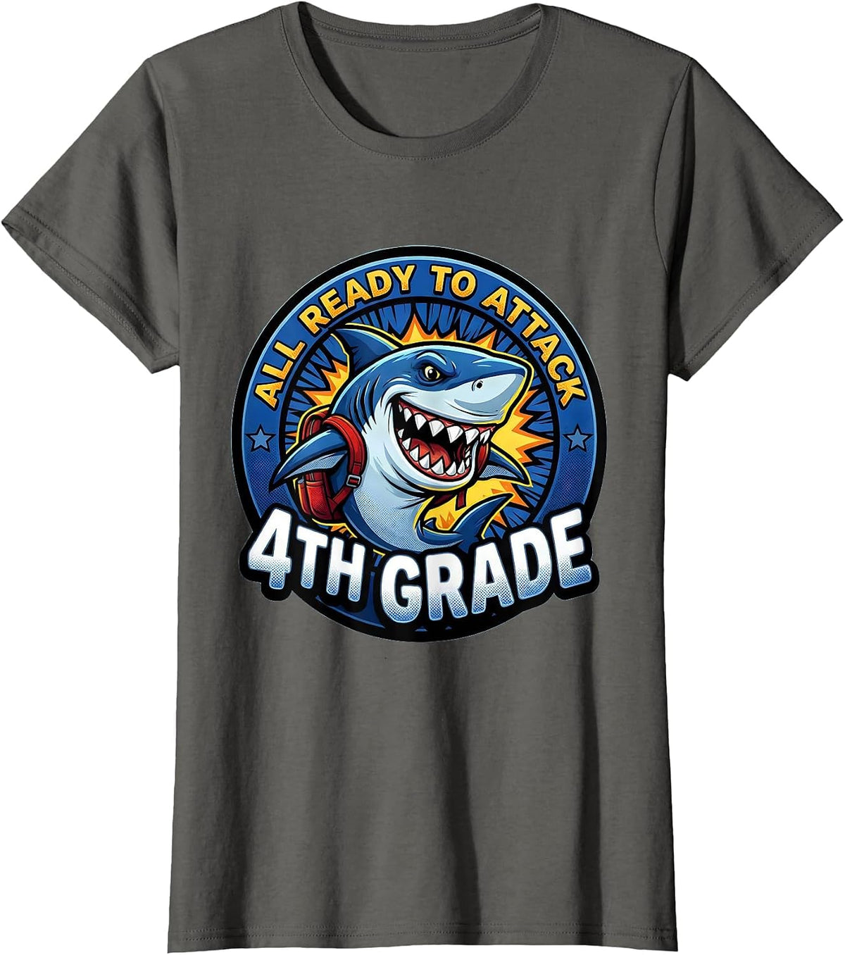 Women's All Ready To Attack 4th Grade Comic Book Shark Boys First T-Shirt - Asphalt Grey