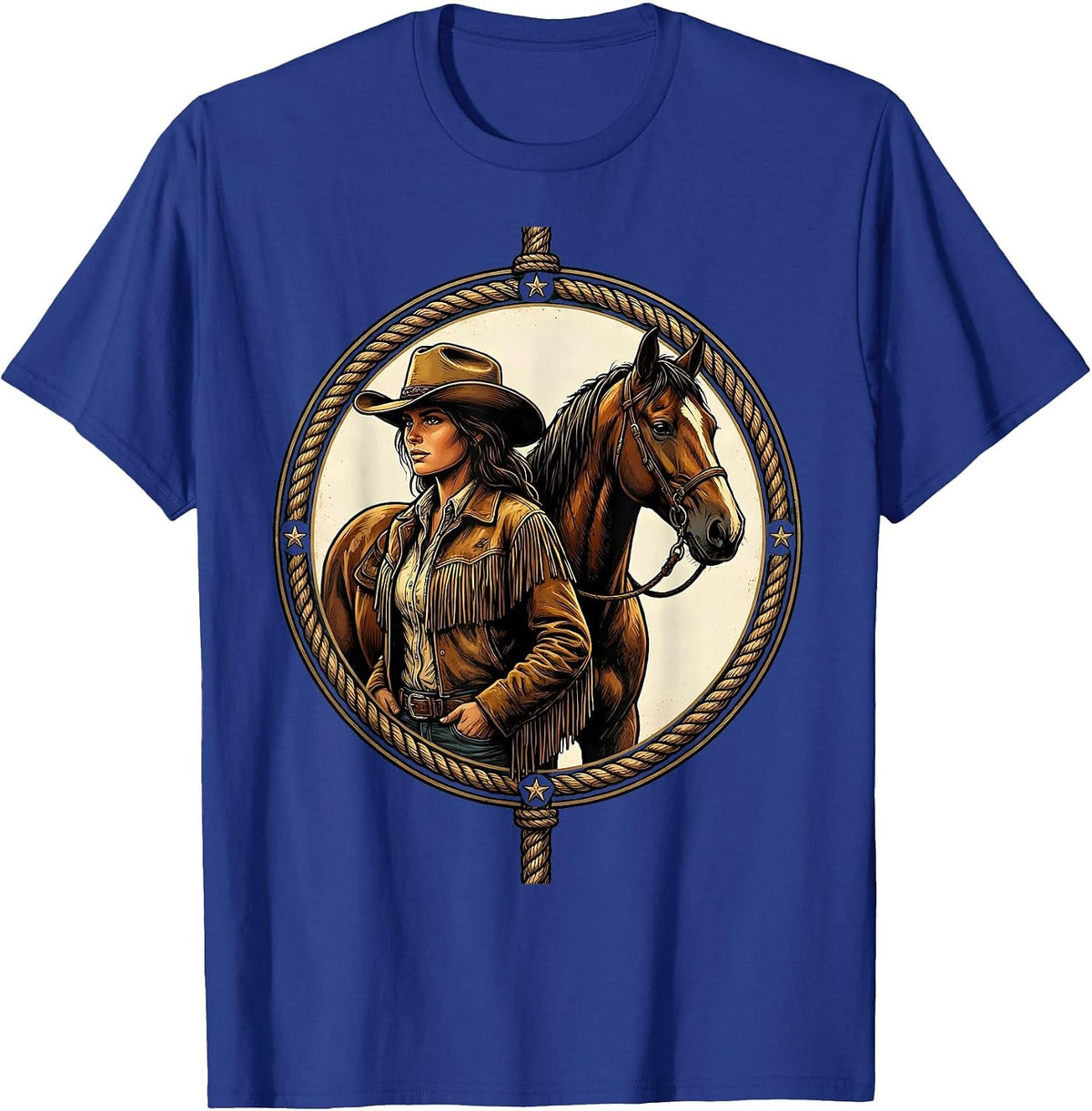 Cowboy Woman and Horse Back-To-Back Graphic T-Shirt - Royal Blue