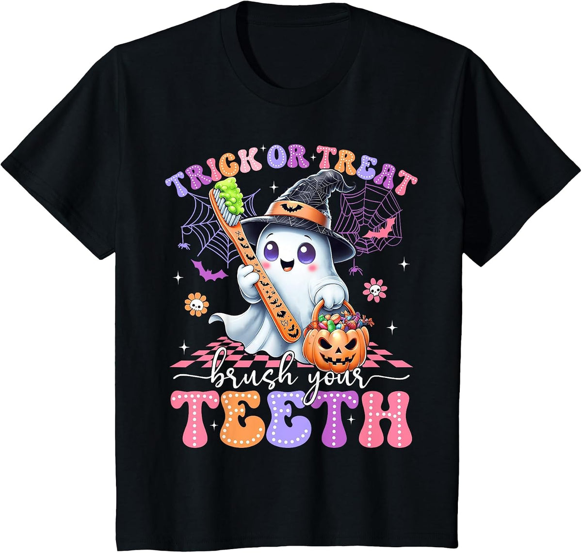 Retro Halloween Trick Or Treat Brush Your Teeth Cute Dentist T-Shirt - Black