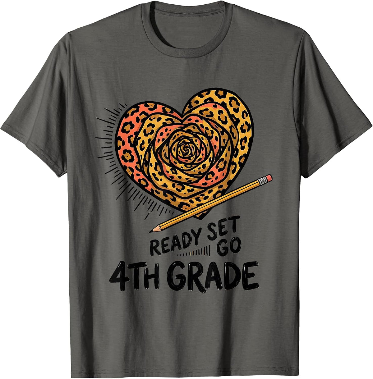 Ready Set Go 4th Grade Leopard Heart Back To School Girl T-Shirt - Asphalt Grey