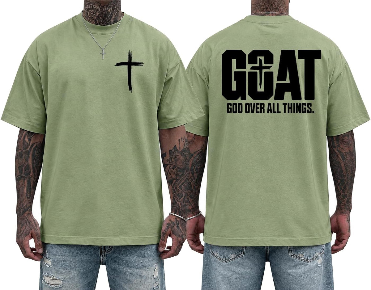 Christian Shirts for Men Goat God Over All Things T-Shirt - Crewneck Green