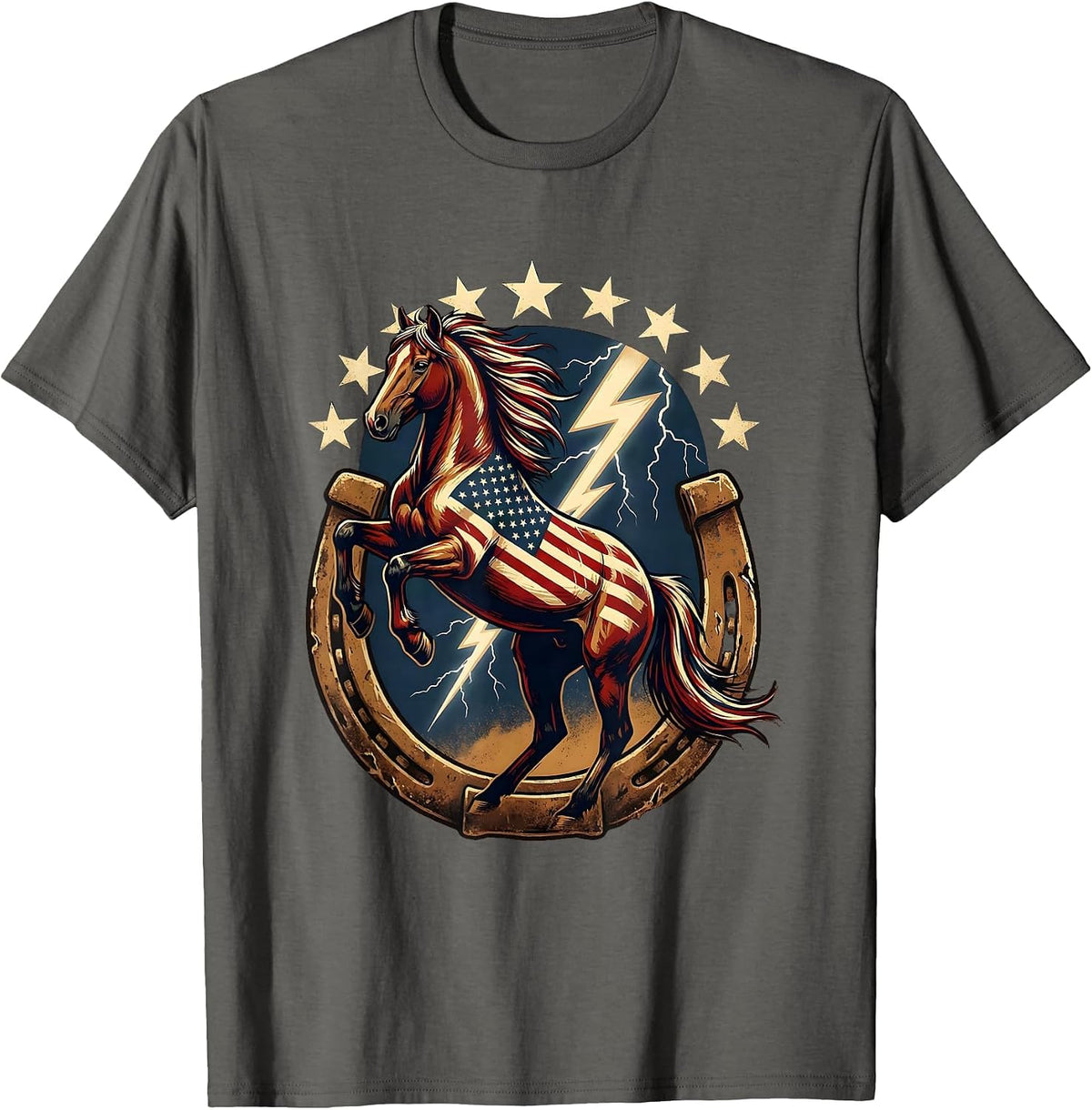 Men's Rearing Horse Lightning Storm Cowboy Graphic T-Shirt - Asphalt Grey