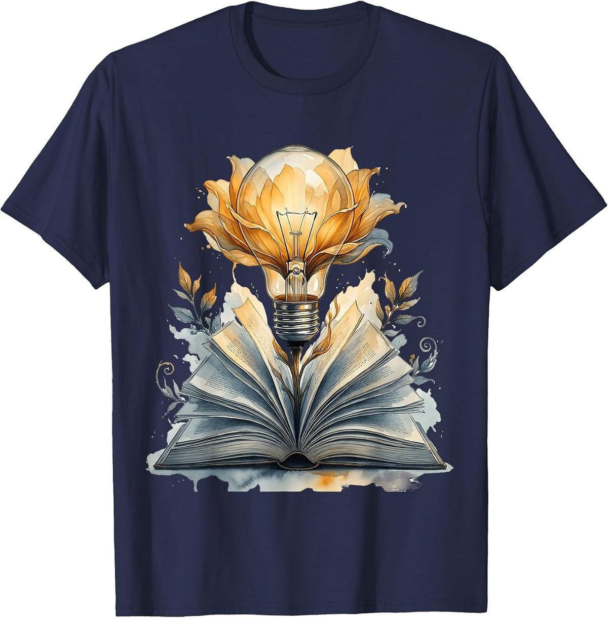 Reading Teacher Lightbulb Book Bloom Illustration T-Shirt - Navy Blue