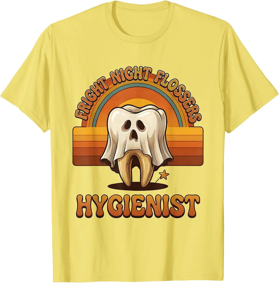 Men's Fright Night Flossers Hygienist Retro Dental Squad Halloween T-Shirt - Lemon Yellow