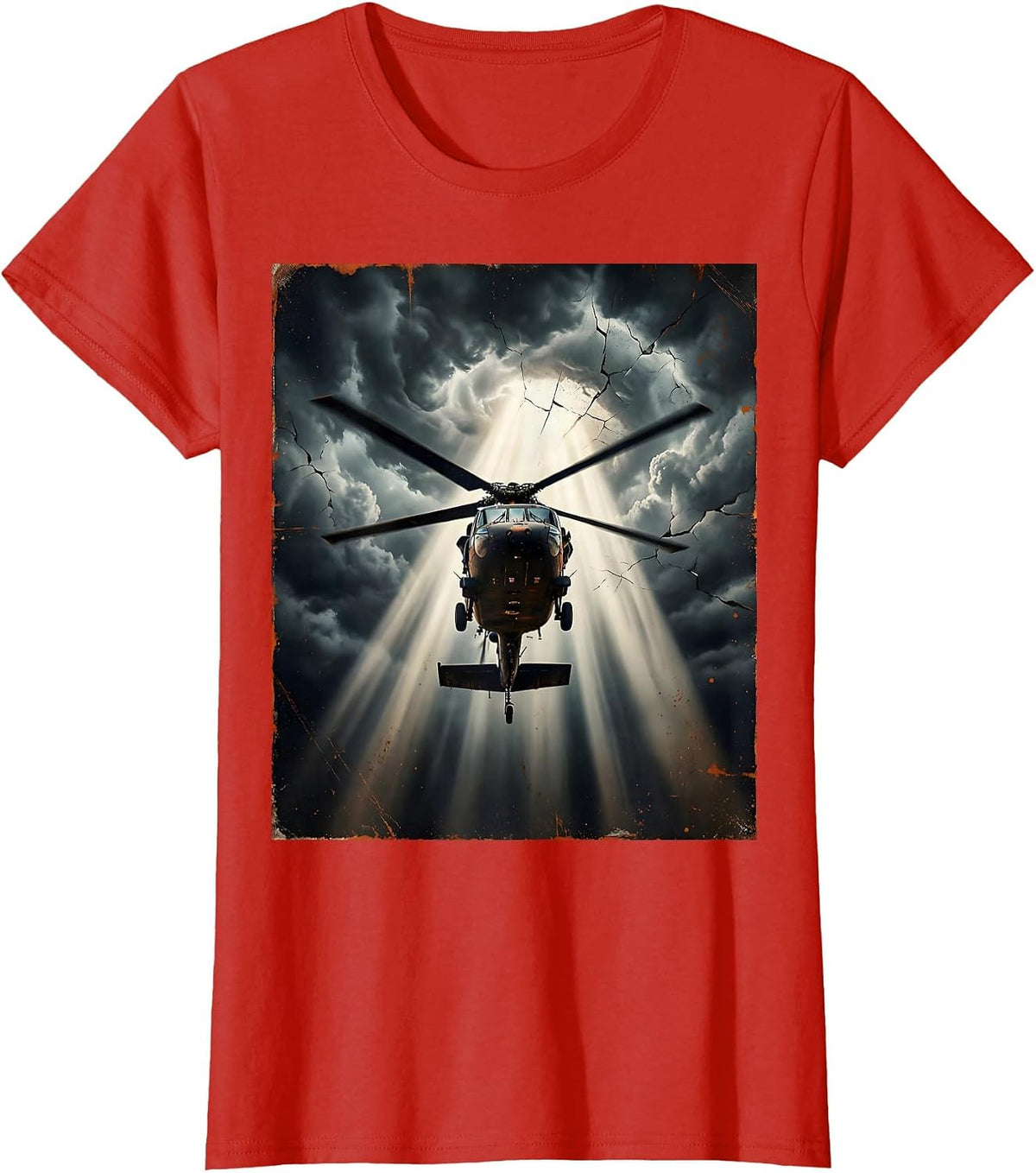 Women's Helicopter Spotlight Through Dark Stormy Clouds T-Shirt - Red