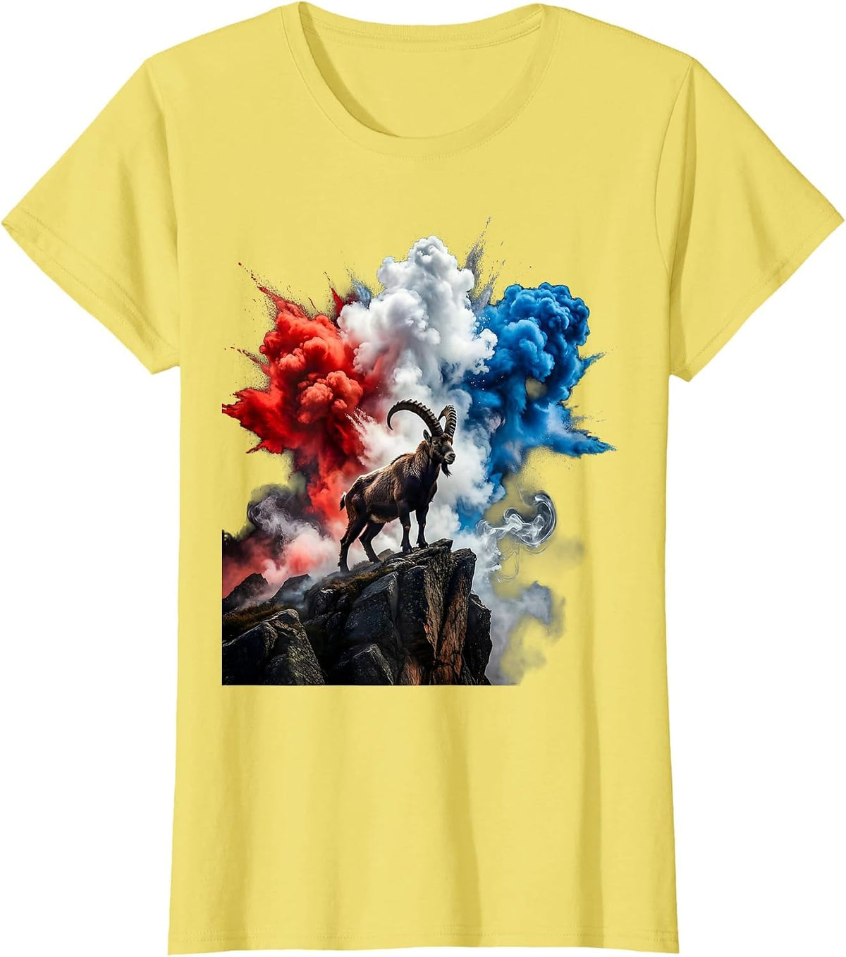 Red White and Blue Mountain Goat Rocky Cliff T-Shirt - Lemon Yellow