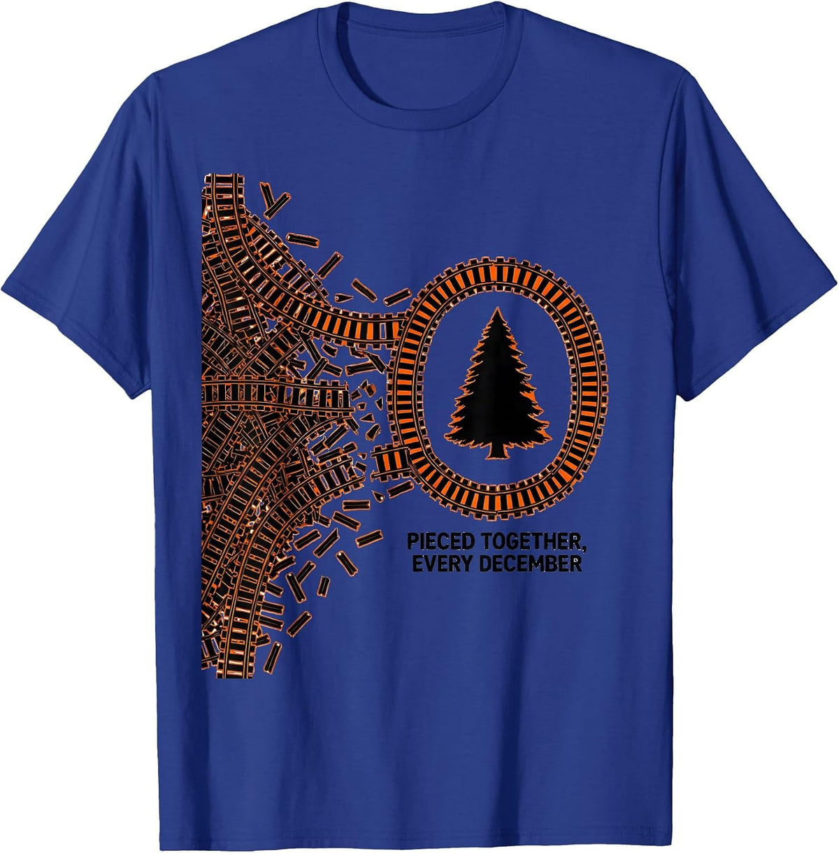 Men's Pieced Together Every December Vintage Train Hobbyist T-Shirt - Royal Blue