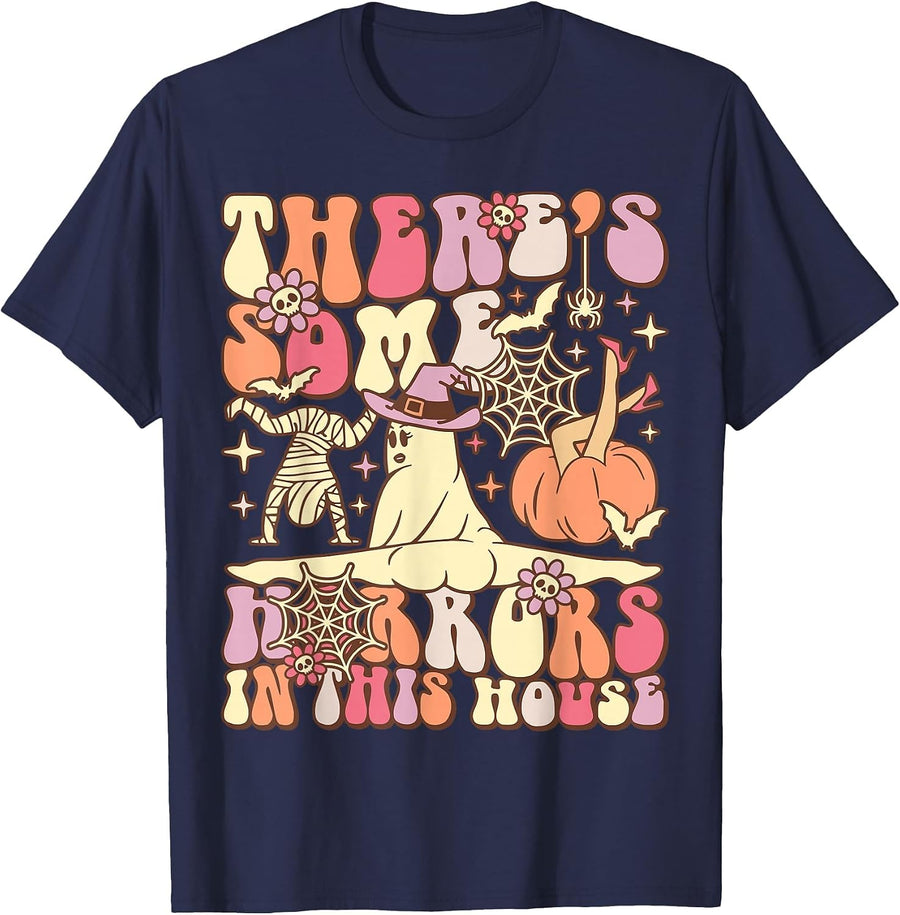 There's Some Horrors in This House Groovy Ghost Halloween T-Shirt - Navy Blue