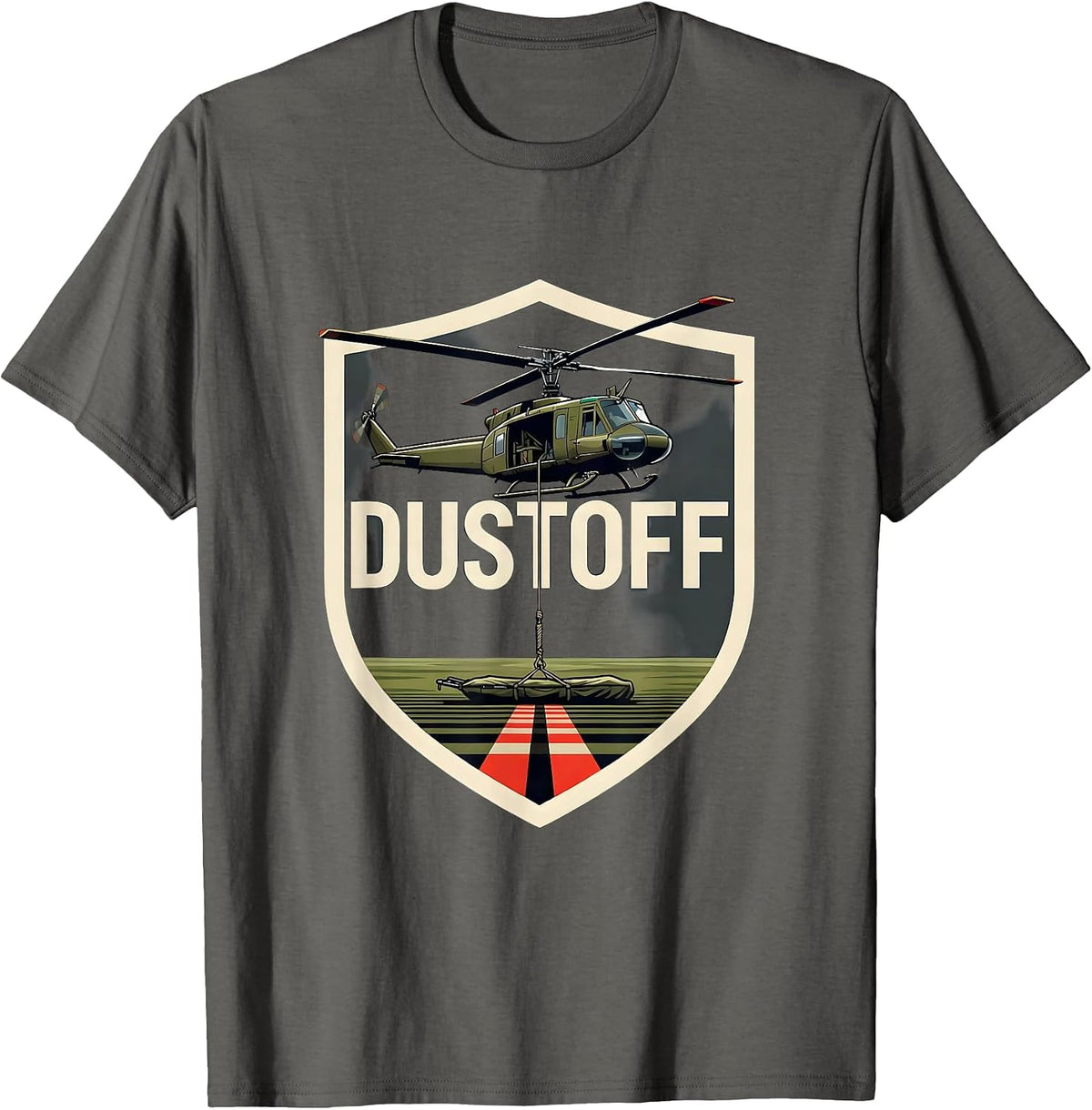 Men's Dustoff UH-1 Huey Veteran Military Helicopter Pilot Tribute T-Shirt - Asphalt Grey