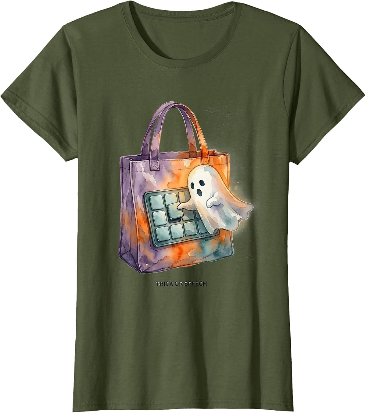 Women's Trick or Speech Watercolor Halloween Speech Therapy SLP T-Shirt - Olive Green