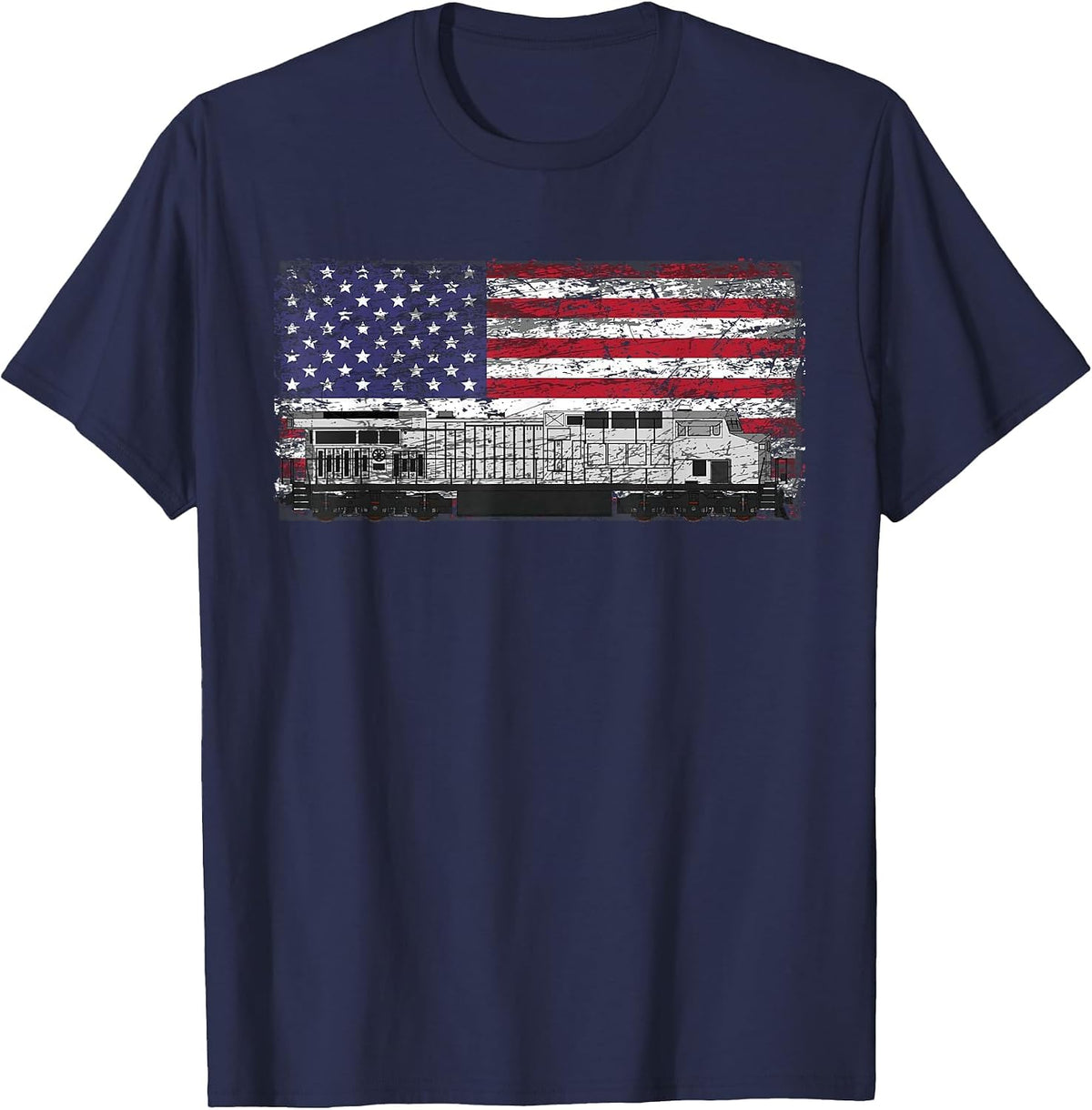 Train Railroad American Flag T Shirt T-Shirt - Navy Blue