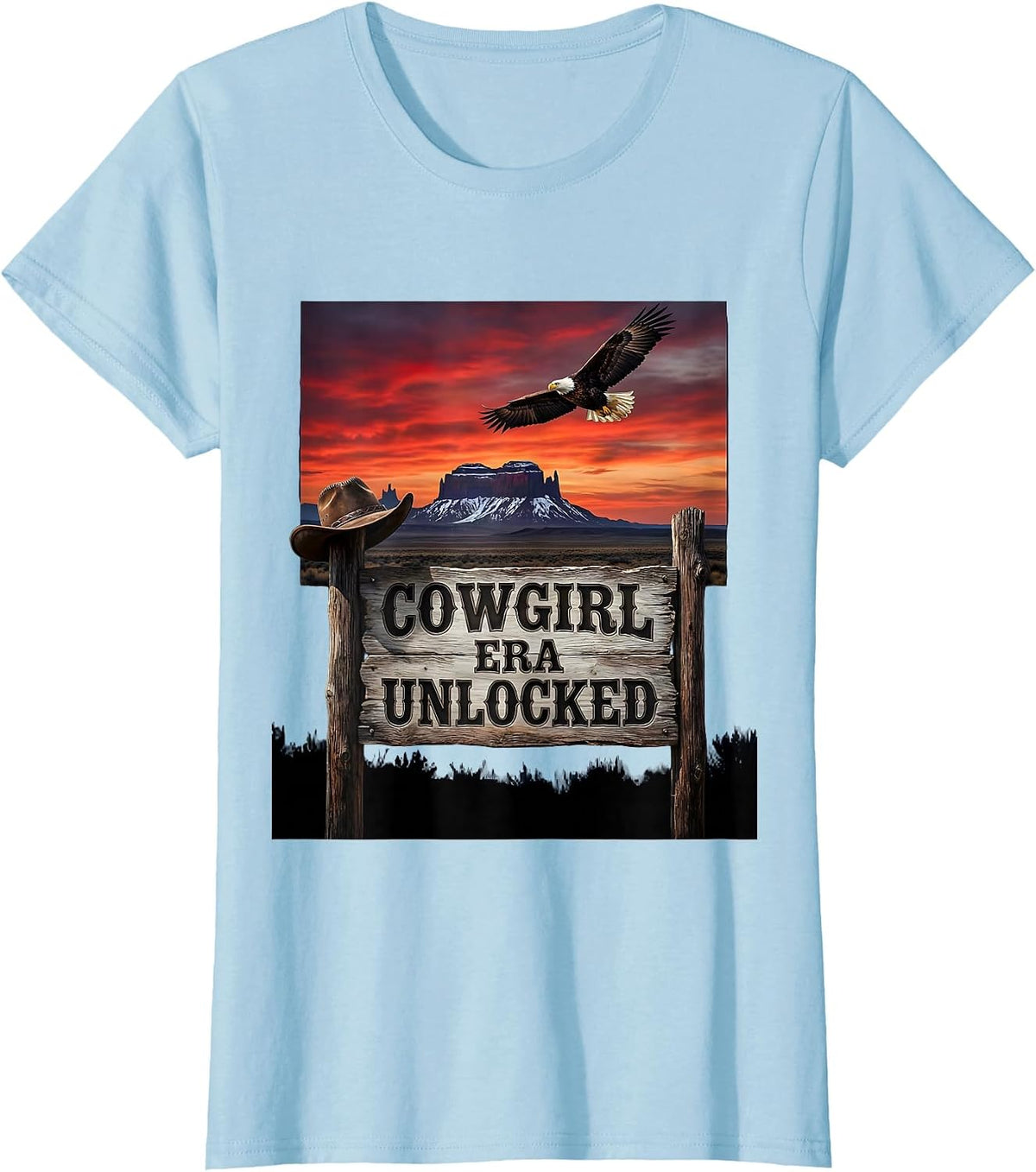 Women's Black Cowgirl Era Unlocked Western Design T-Shirt - Baby Blue