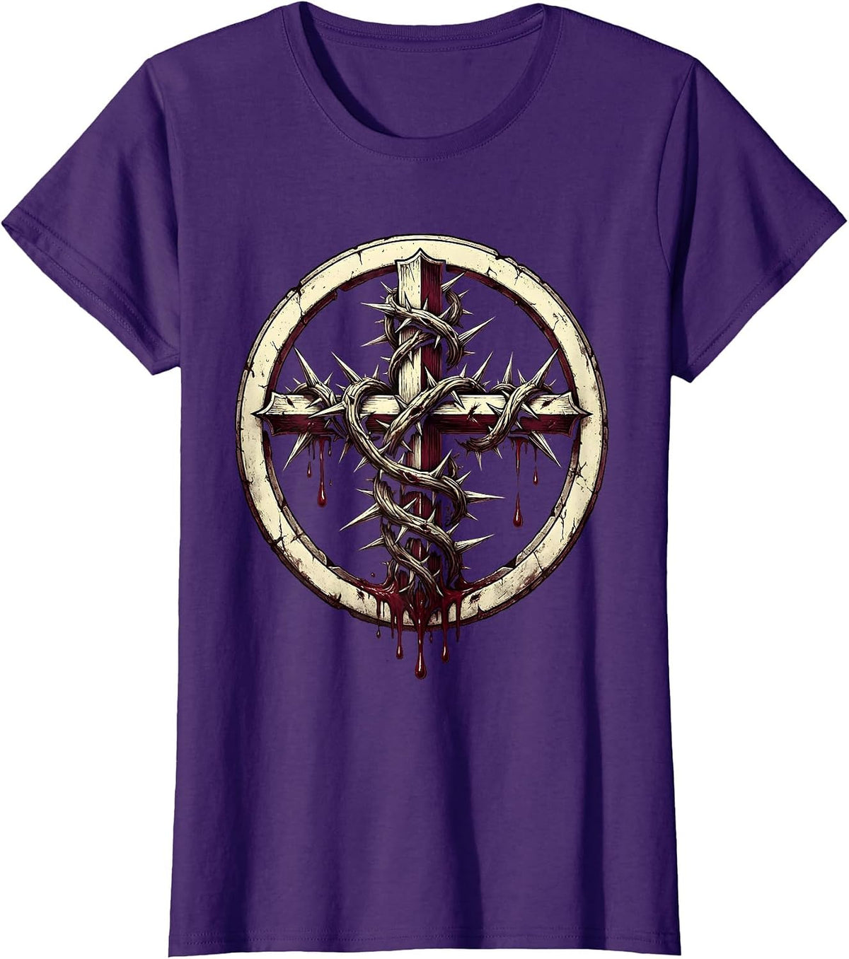 Women's Cross Wrapped in Thorns with Dripping Blood Design T-Shirt - Purple