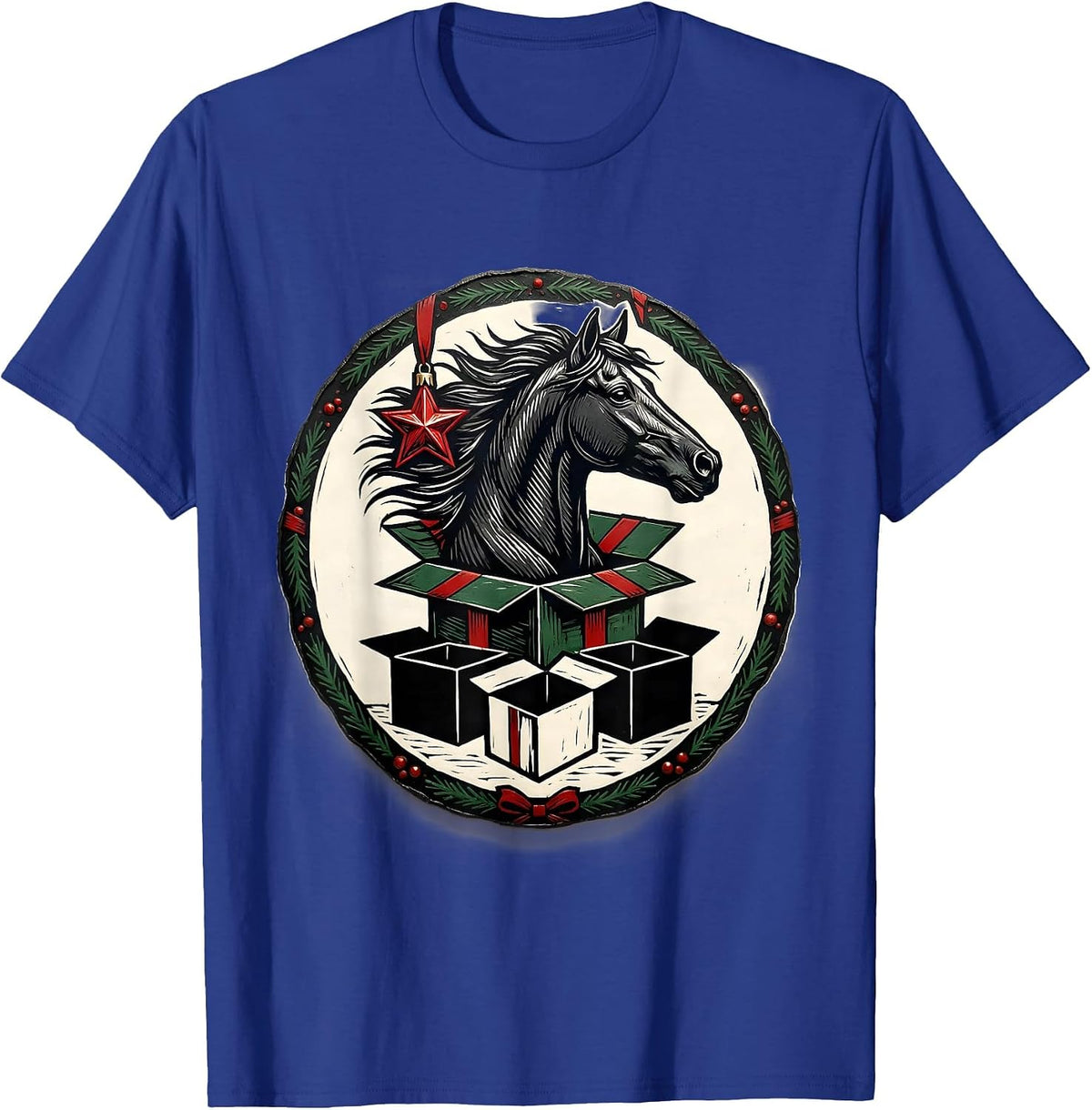 Sealed Horse Badge Gift Box Linocut Equestrian Pajama Humor T-Shirt - Royal Blue
