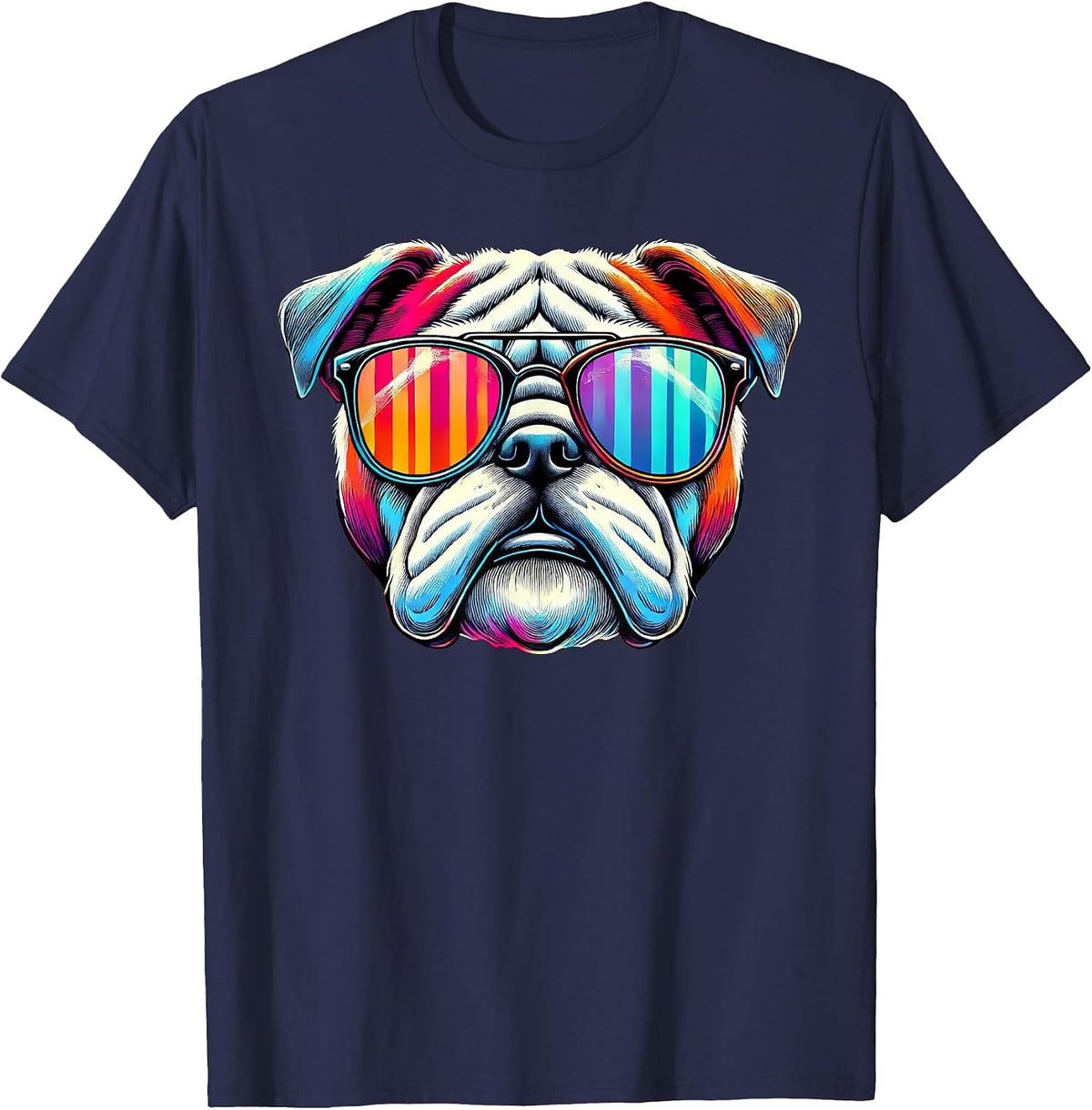 Colorful English Bulldog Wearing Sunglasses T-Shirt - Navy Blue