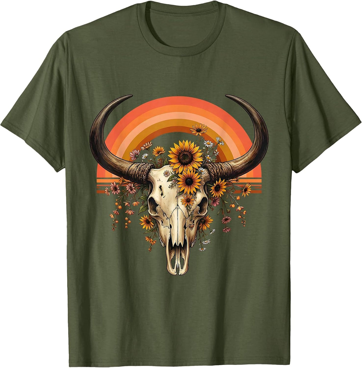 Longhorn Skull Prairie Wildflower Western Design T-Shirt - Olive Green