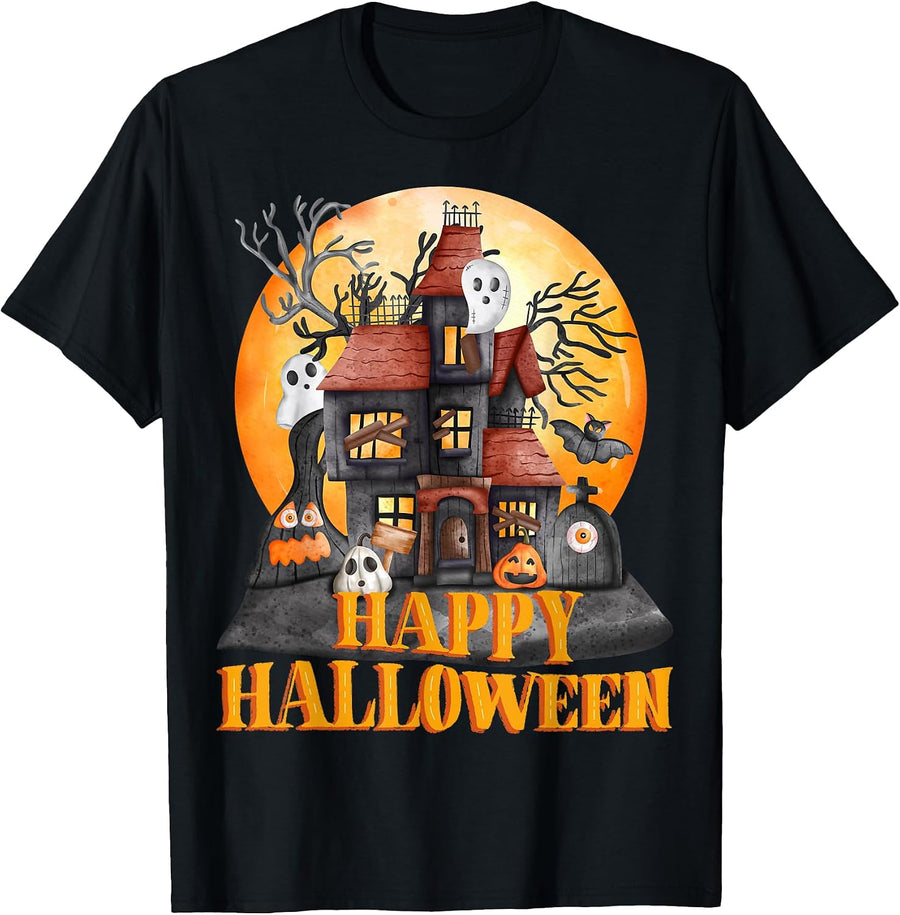 Fall Season Happy Halloween Haunted Houses Spiders Bats T-Shirt, Men, Black, Small - As Pictured