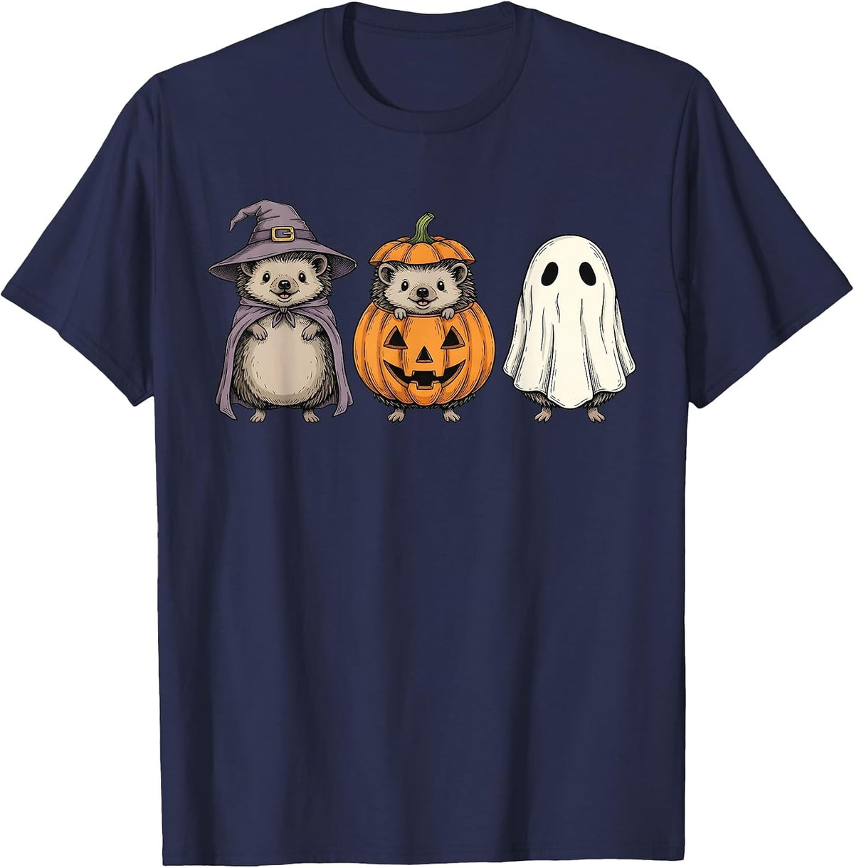 Spooky Ghost Hedgehog Lover Pumpkin Halloween T-Shirt - Navy Blue