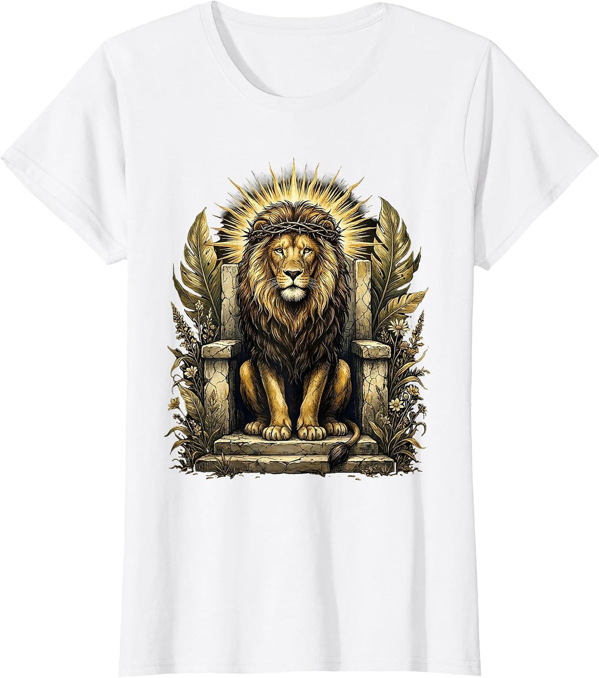 Women's Christ Is King Lion Thorned Crown Throne Design T-Shirt - White