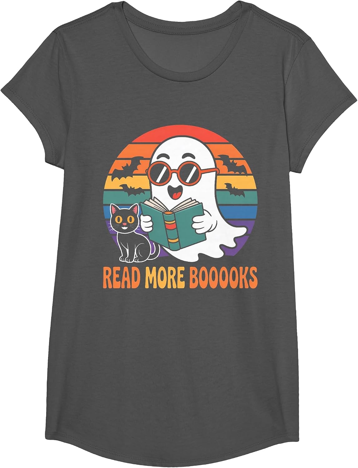 Read More Books Cute Ghost Reading Book Teacher Halloween T-Shirt - Girls Asphalt Grey