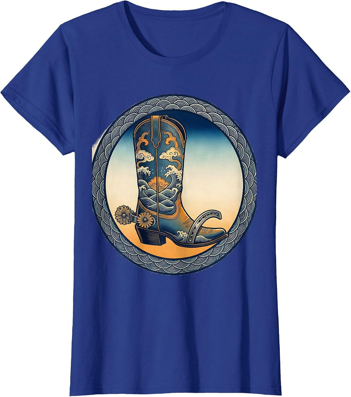 Women's Cowboy Boot Horseshoe and Spurs Western Graphic T-Shirt - Royal Blue