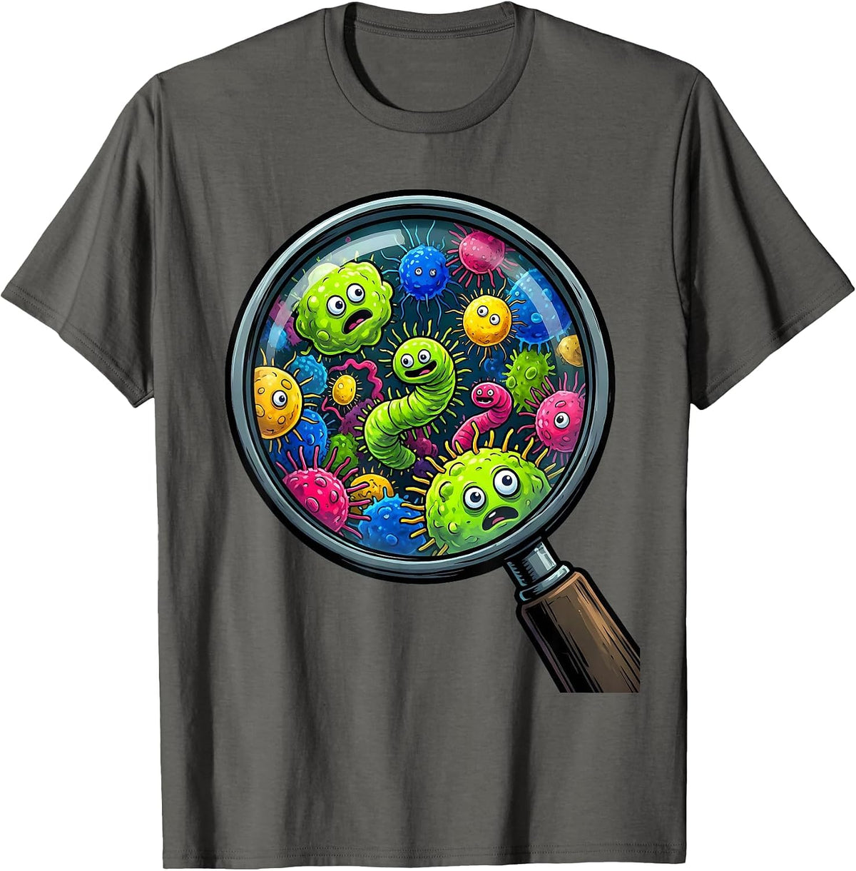 Magnifying Glass Microbial World Science Teacher T-Shirt - Asphalt Grey