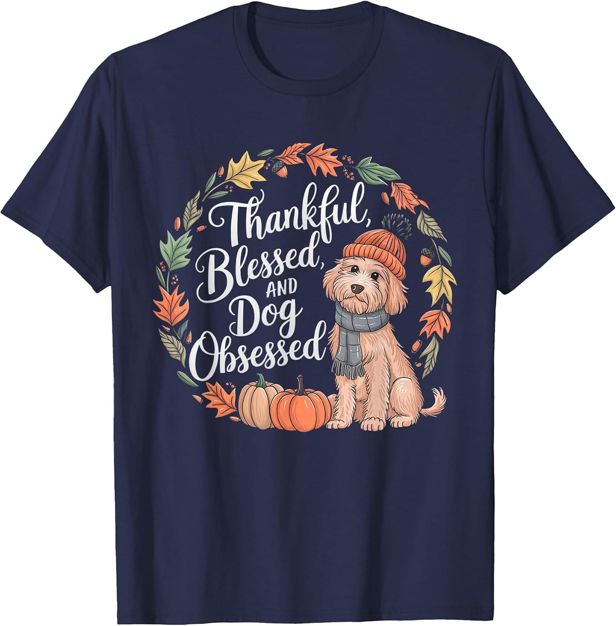 Goldendoodle Thanksgiving Pumpkin Dog Fall Leaf Autumn T-Shirt - Navy Blue