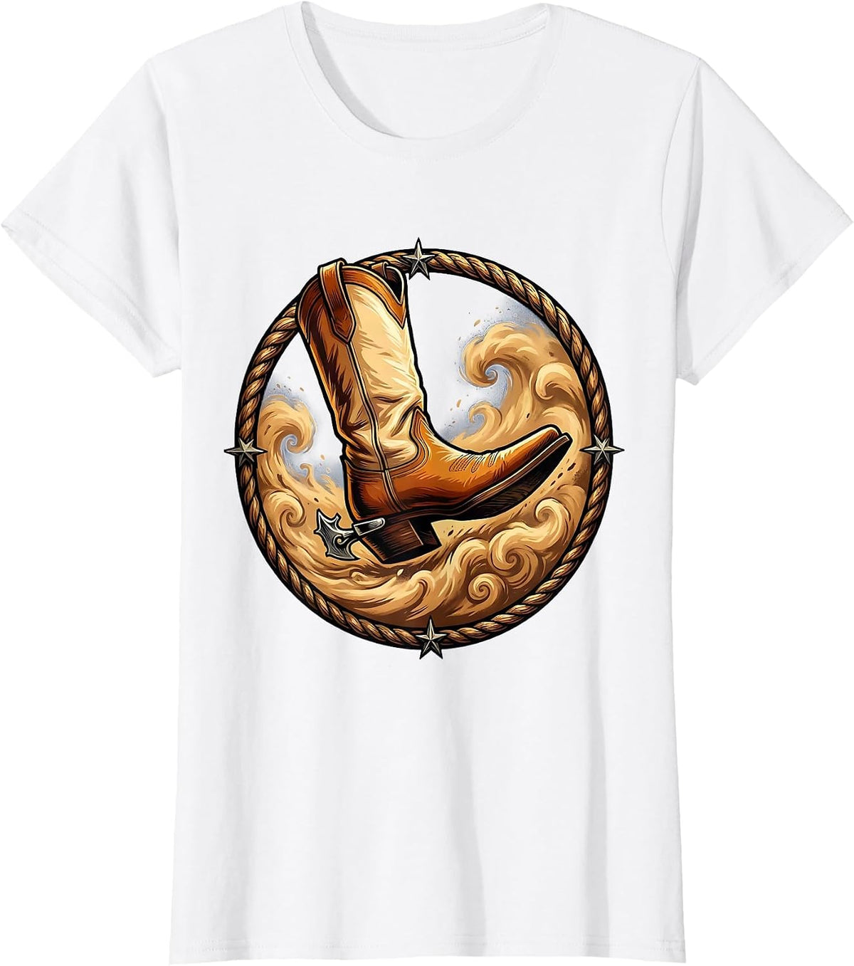 Women's Spurred Boot Kicking Dust Cowboy Western Design T-Shirt - White