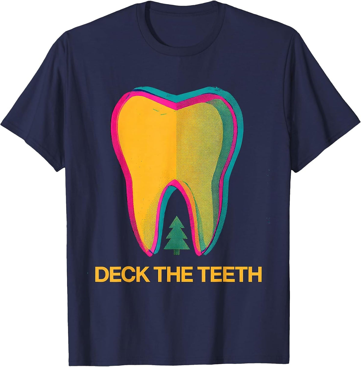 Men's Deck the Teeth Risograph Dental Christmas Humor T-Shirt - Navy Blue