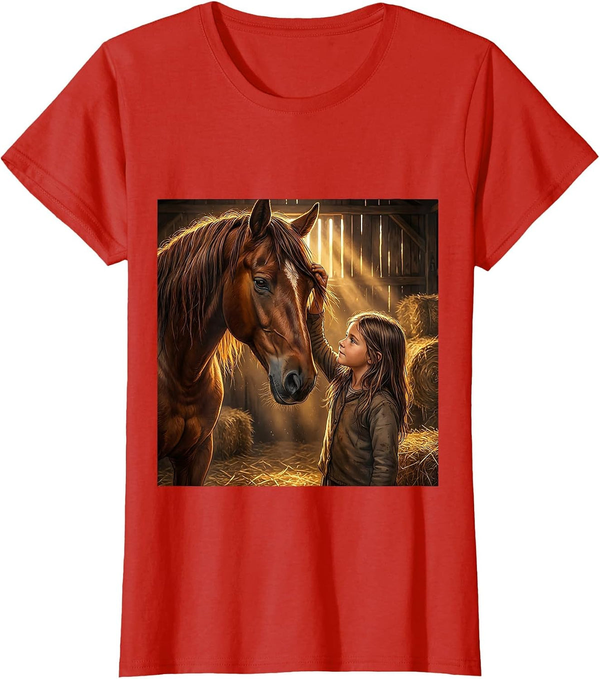 Horse Girl Grooming Golden Barn Light Illustration T-Shirt - Red