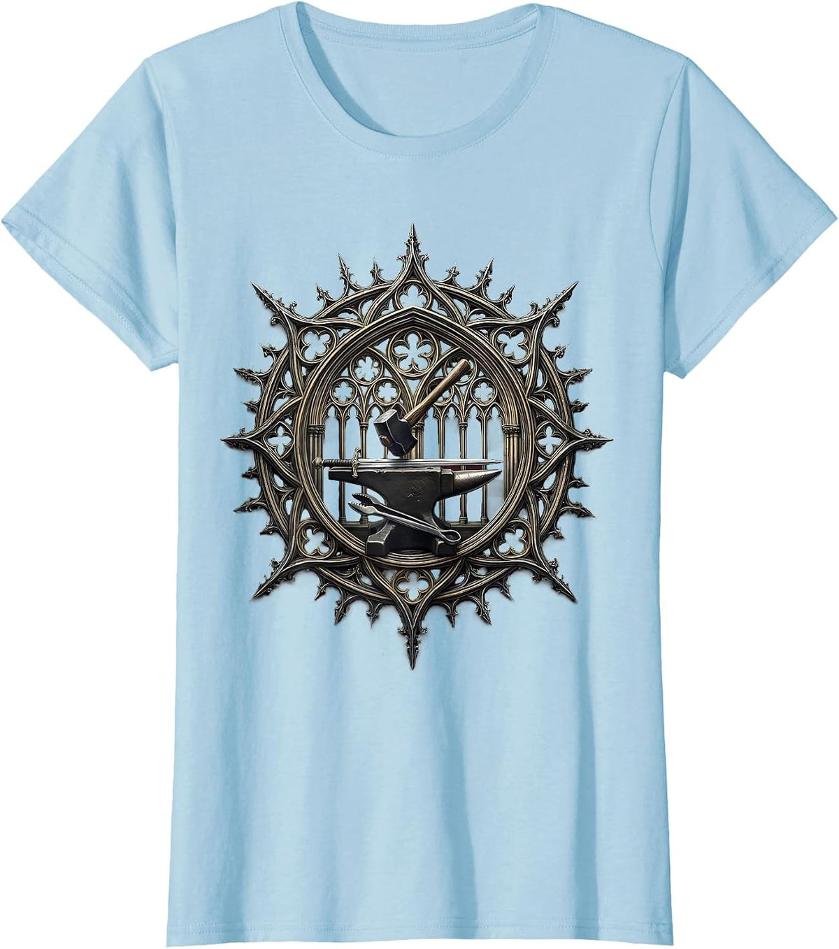 Women's Renaissance Blacksmith Forging Glowing Sword Anvil T-Shirt - Baby Blue