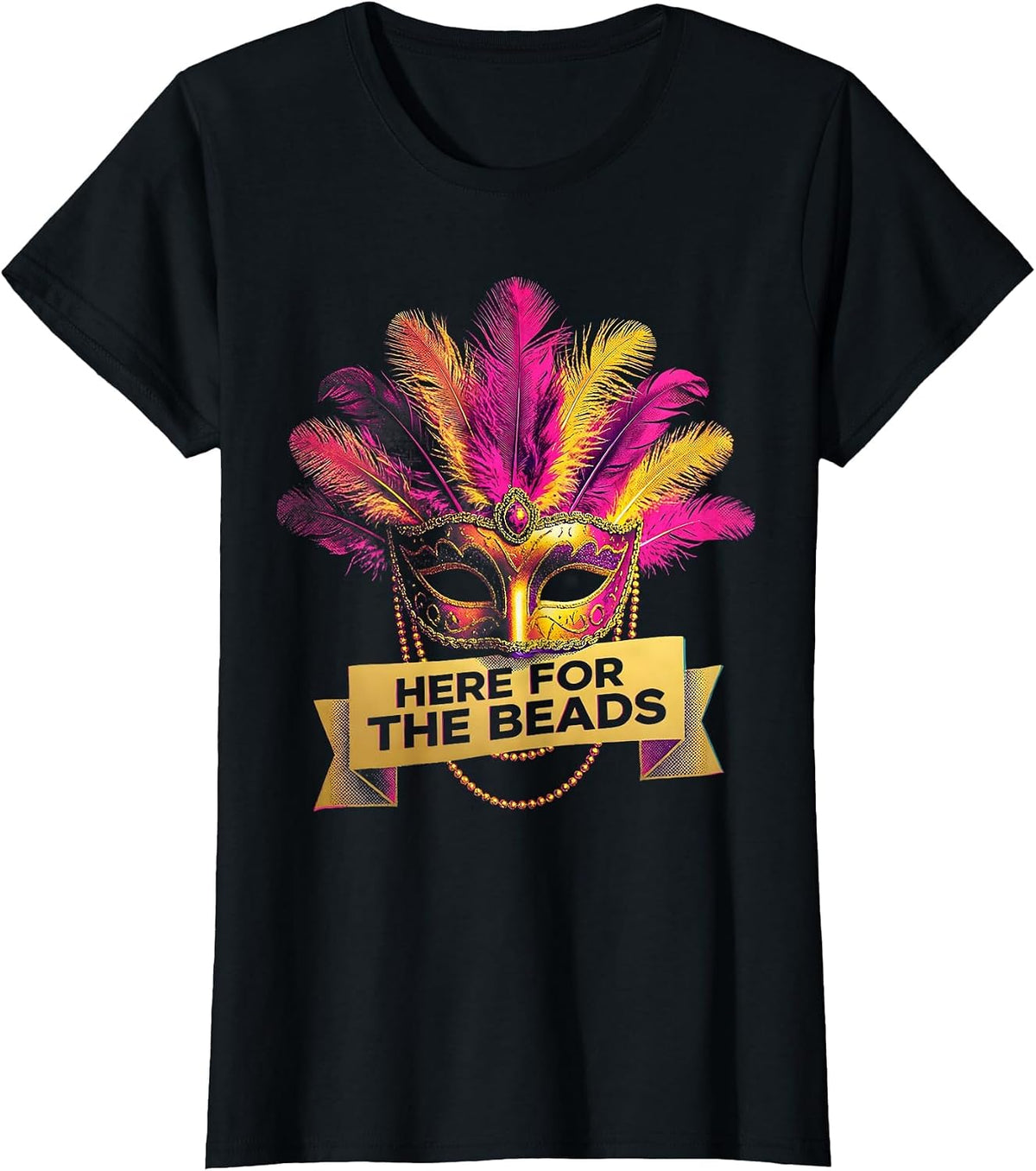 Women's Here for the Beads Mardi Gras Festive Design T-Shirt - Black