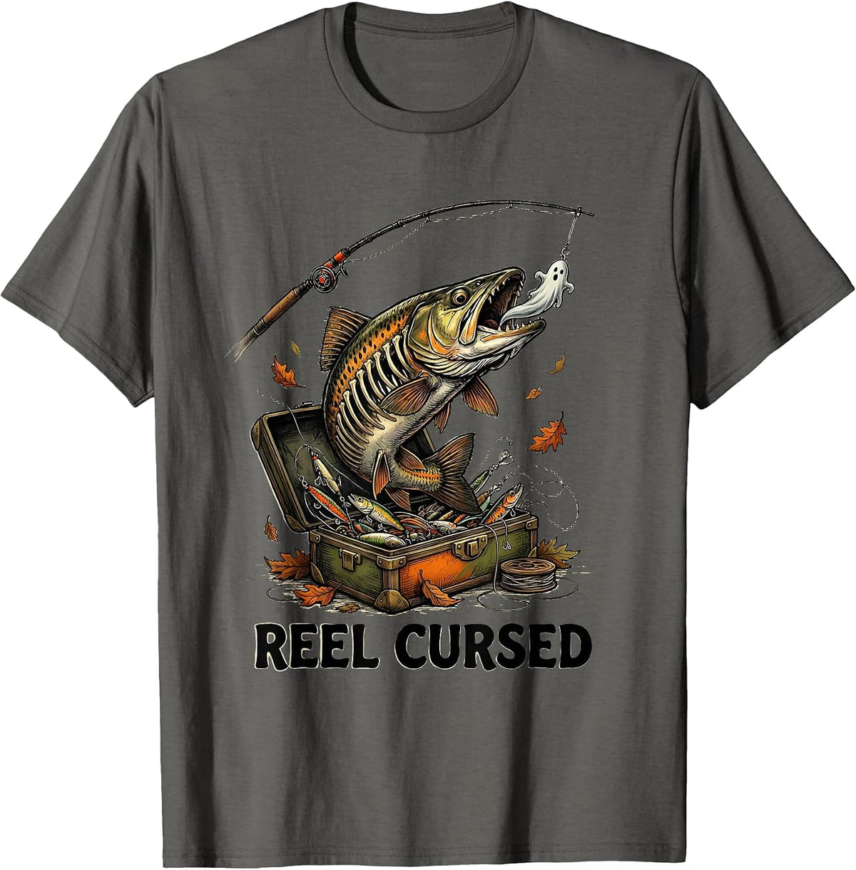 Reel Cursed Playful Spooky Skeleton Halloween Fishing Gift T-Shirt - Asphalt Grey