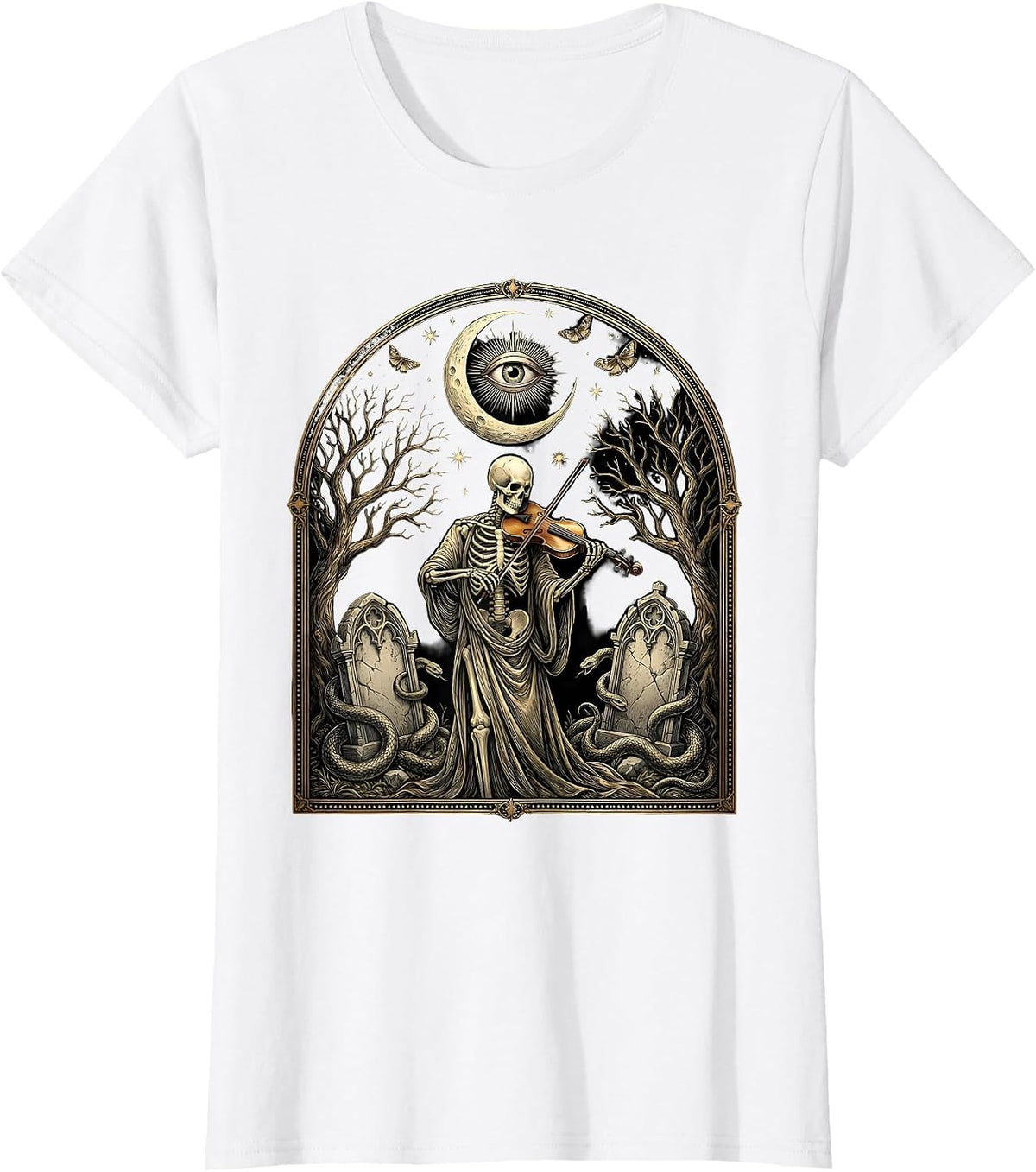 Skeleton Violinist Graveyard Spooky Season Art T-Shirt - White