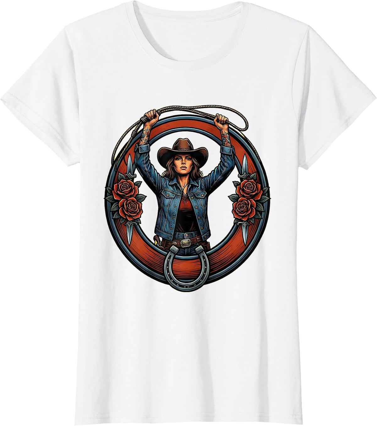 Denim Cowgirl Lasso Twirl Western Graphic Design T-Shirt - White