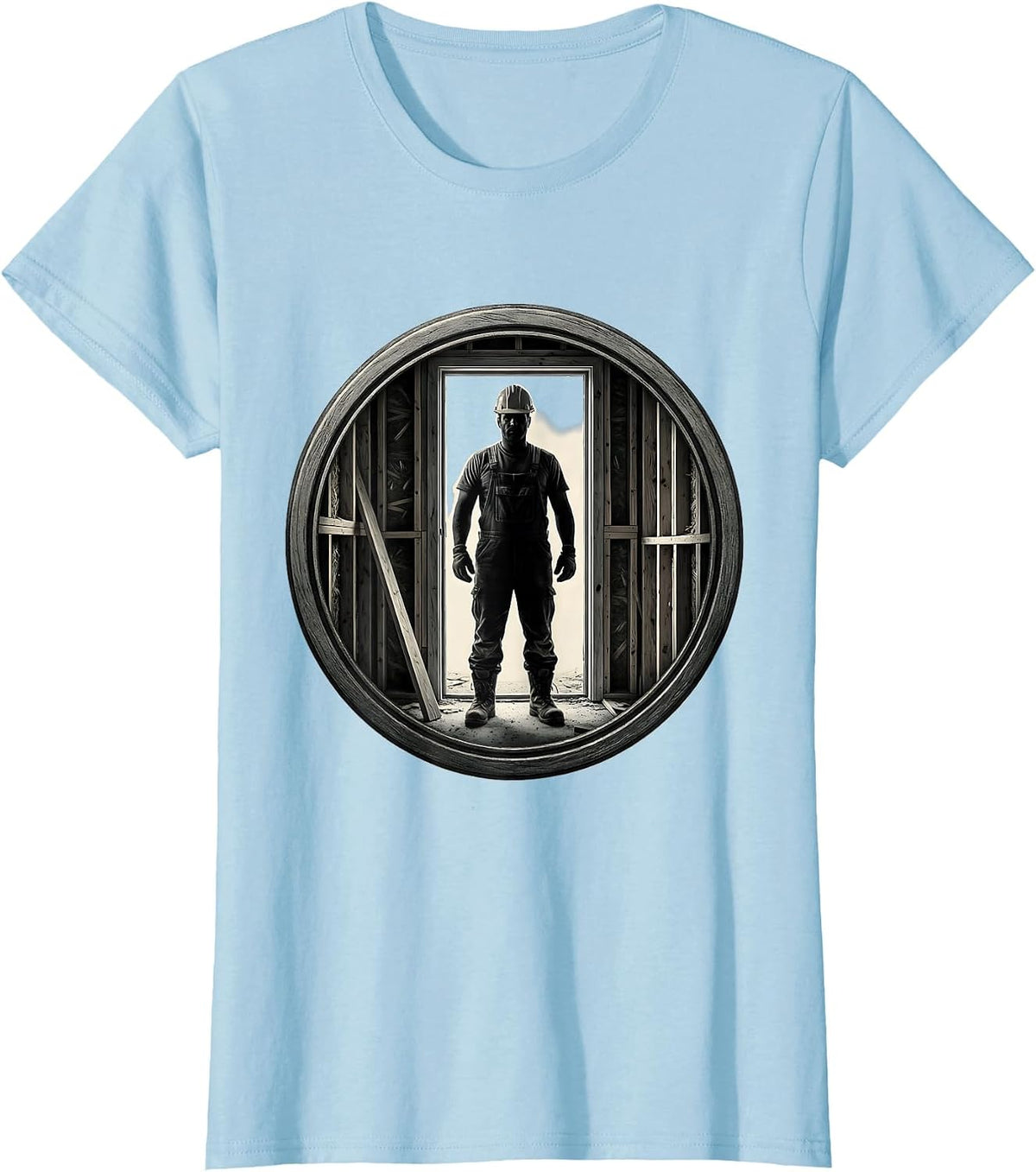 Construction Worker Unfinished Doorway Illustration T-Shirt - Baby Blue