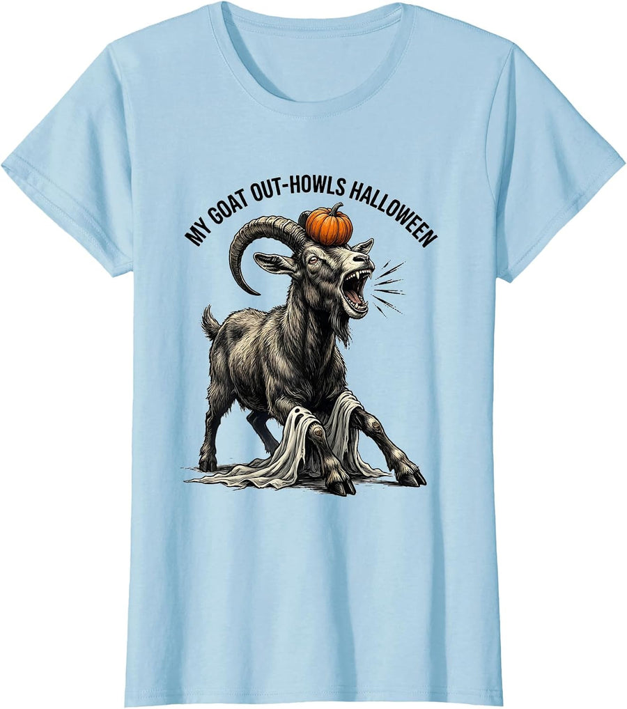 Women's My Goat Out-Howls Halloween Funny Goat Lover Spooky Season T-Shirt - Baby Blue