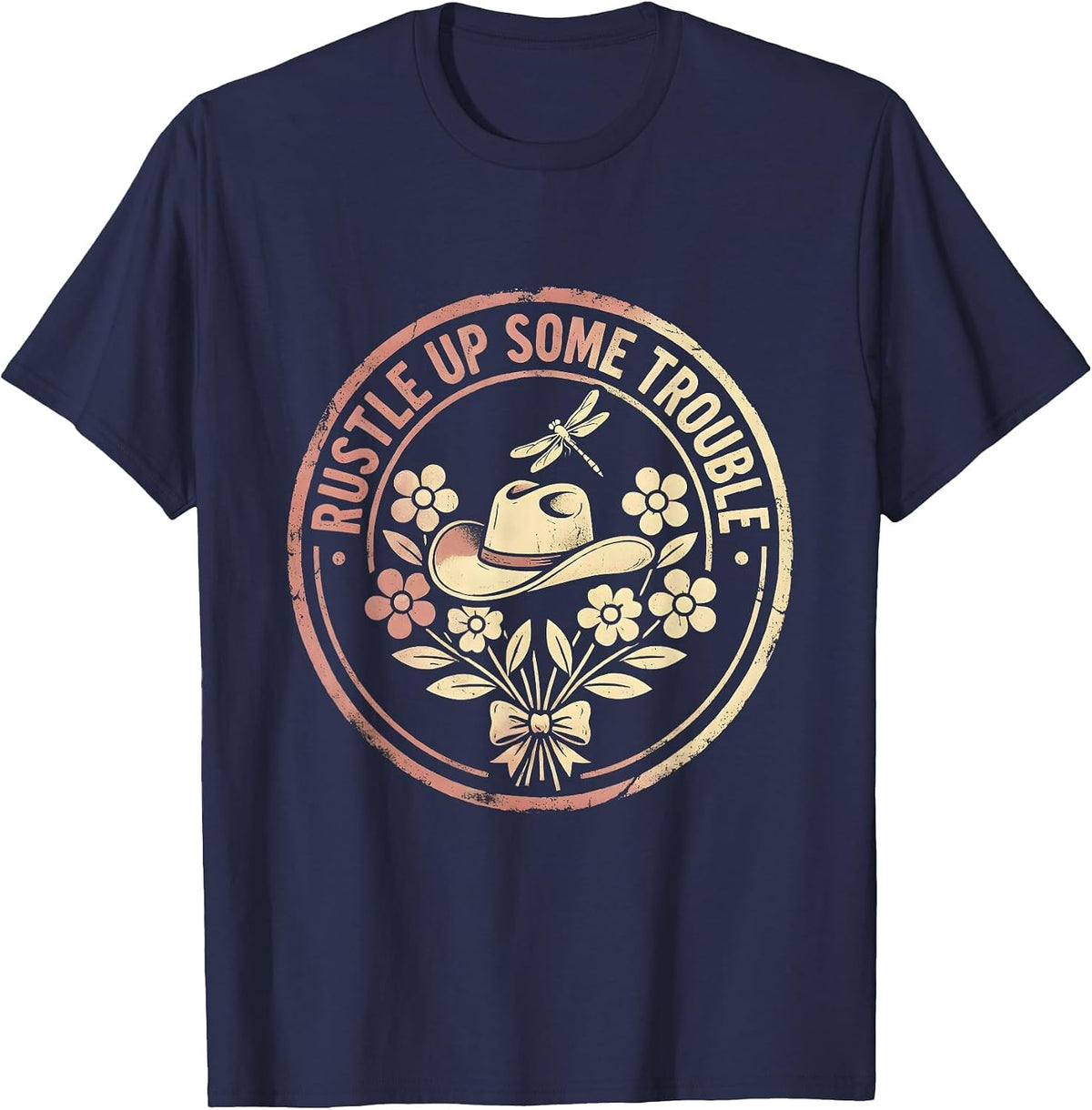 Rustle Up Some Trouble Cowgirl Design T-Shirt - Navy Blue