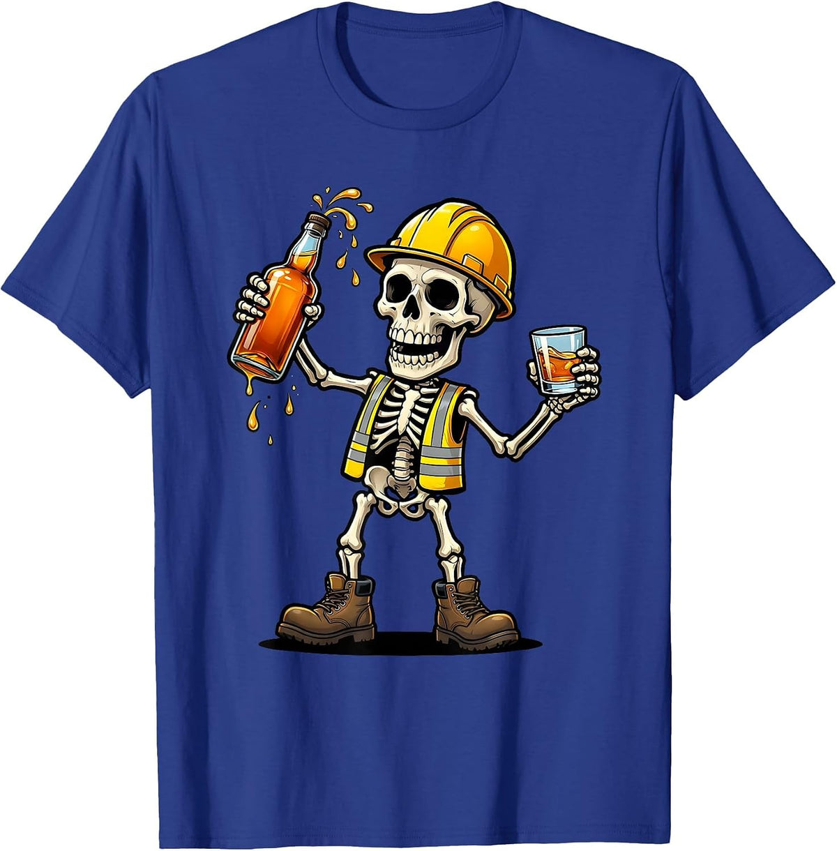 Skeleton Construction Worker Whiskey Labor Day T-Shirt - Royal Blue