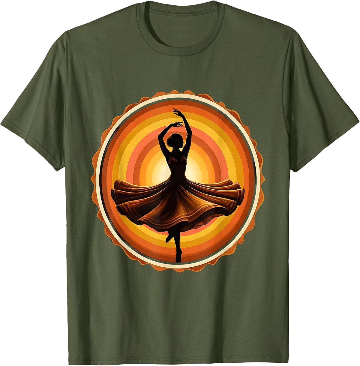 Men's Graceful Dancer Mid-Spin Spotlight Illustration T-Shirt - Olive Green