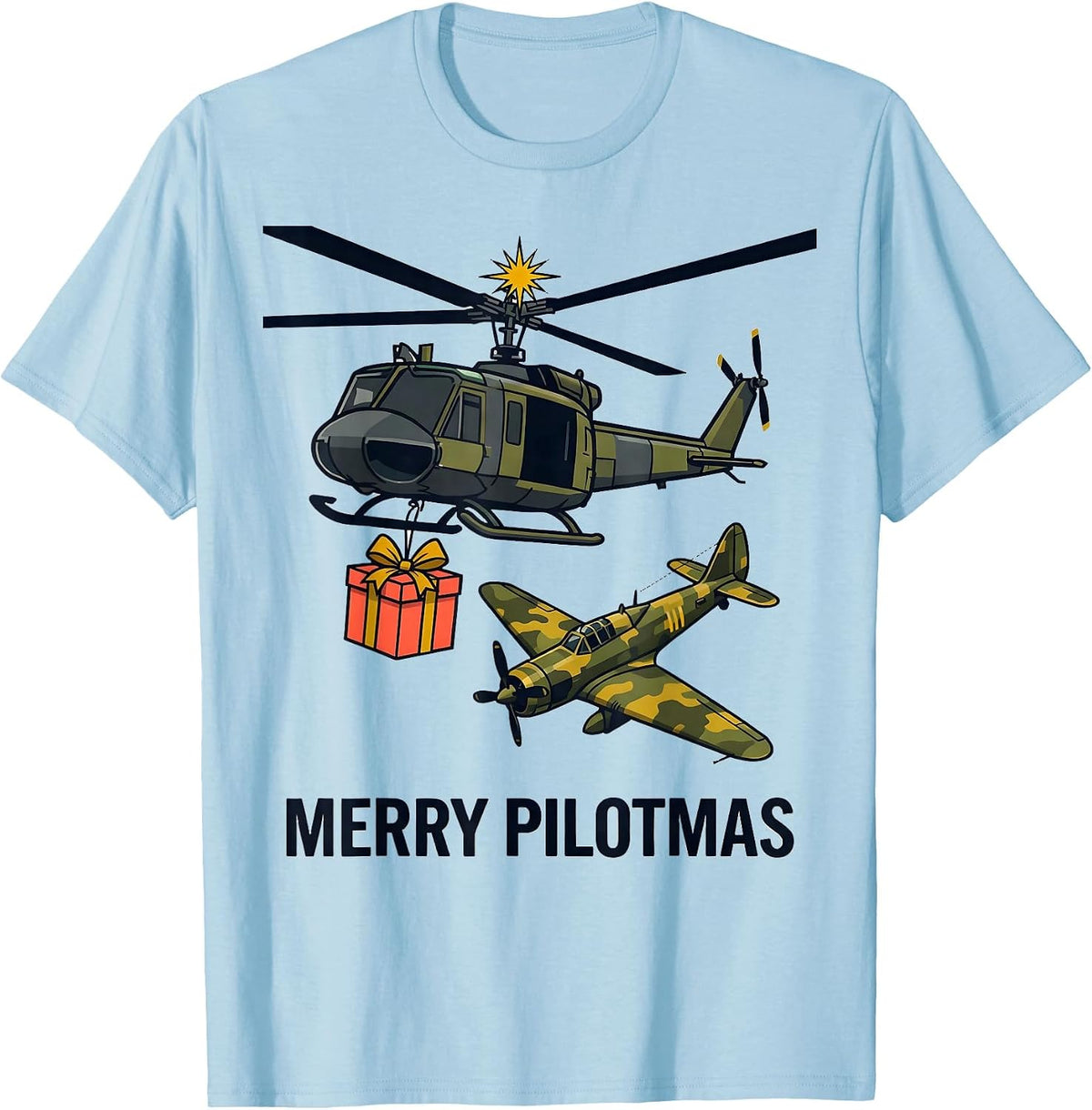 Men's Merry Pilotmas Midcentury Modern Military Helicopter T-Shirt - Baby Blue