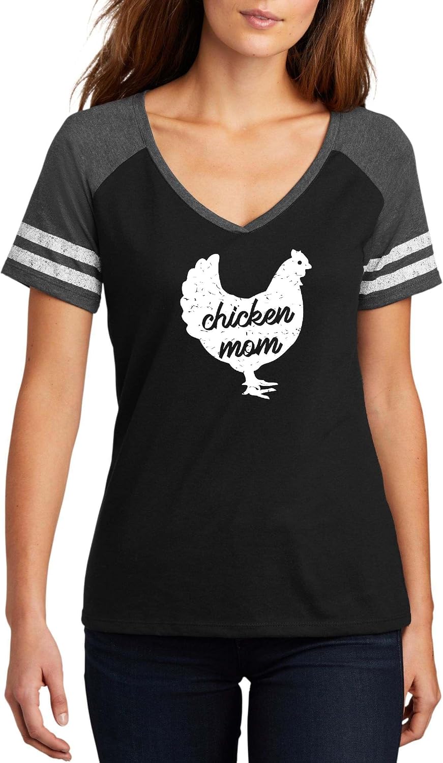 Chicken Mom Funny Farm Animal Graphic Top Ladies Game Day V-Neck Tee - Ladies V-Neck Black\/Heathered Charcoal