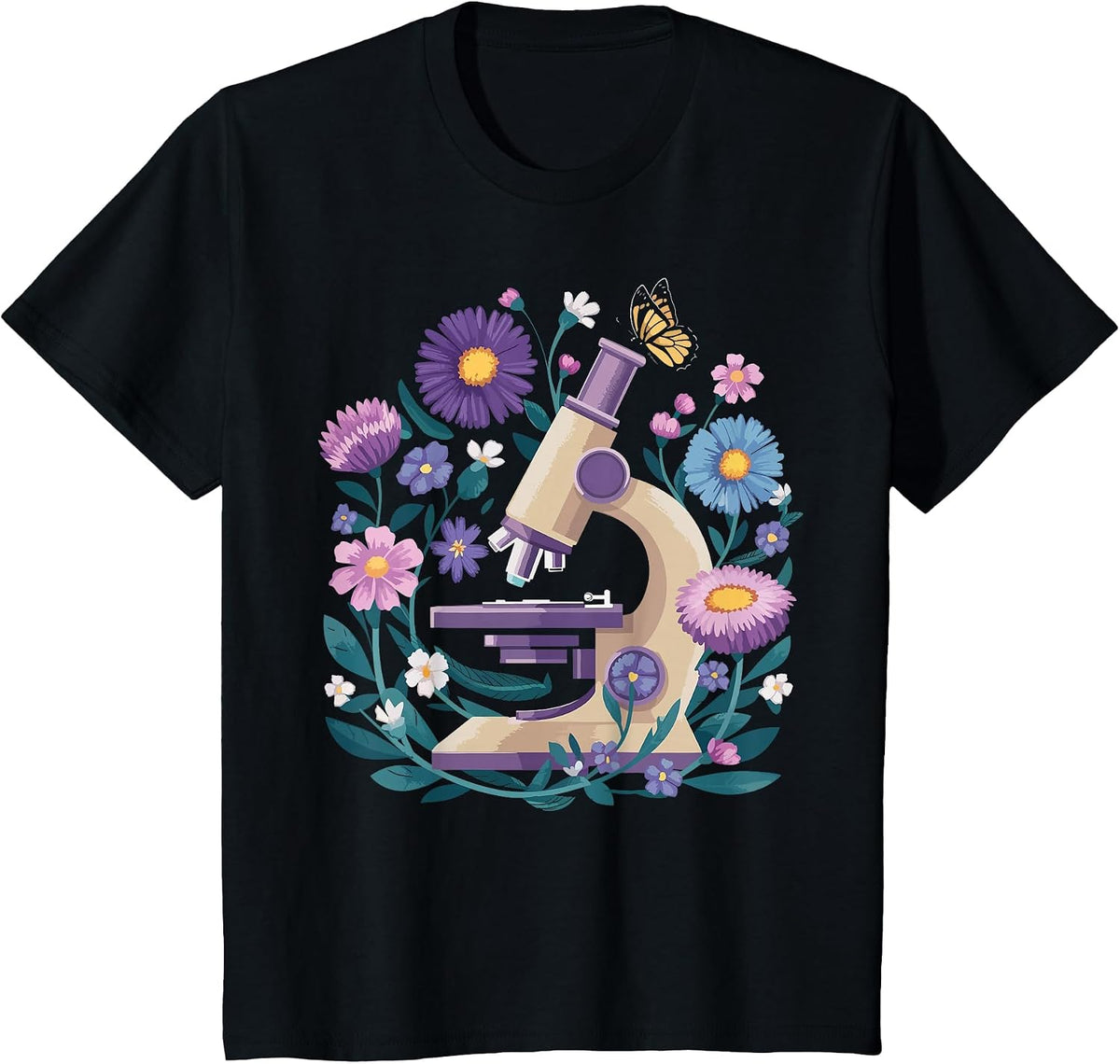 Microscope Flower Butterfly Biology Science Teacher Student T-Shirt - Black