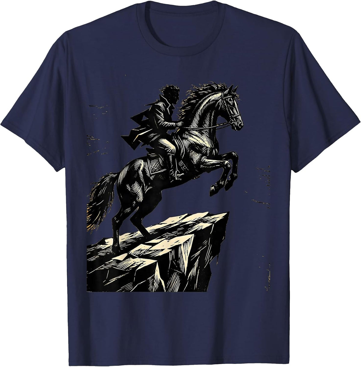 Men's Horse and Rider Silhouette Cliff Edge Design T-Shirt - Navy Blue