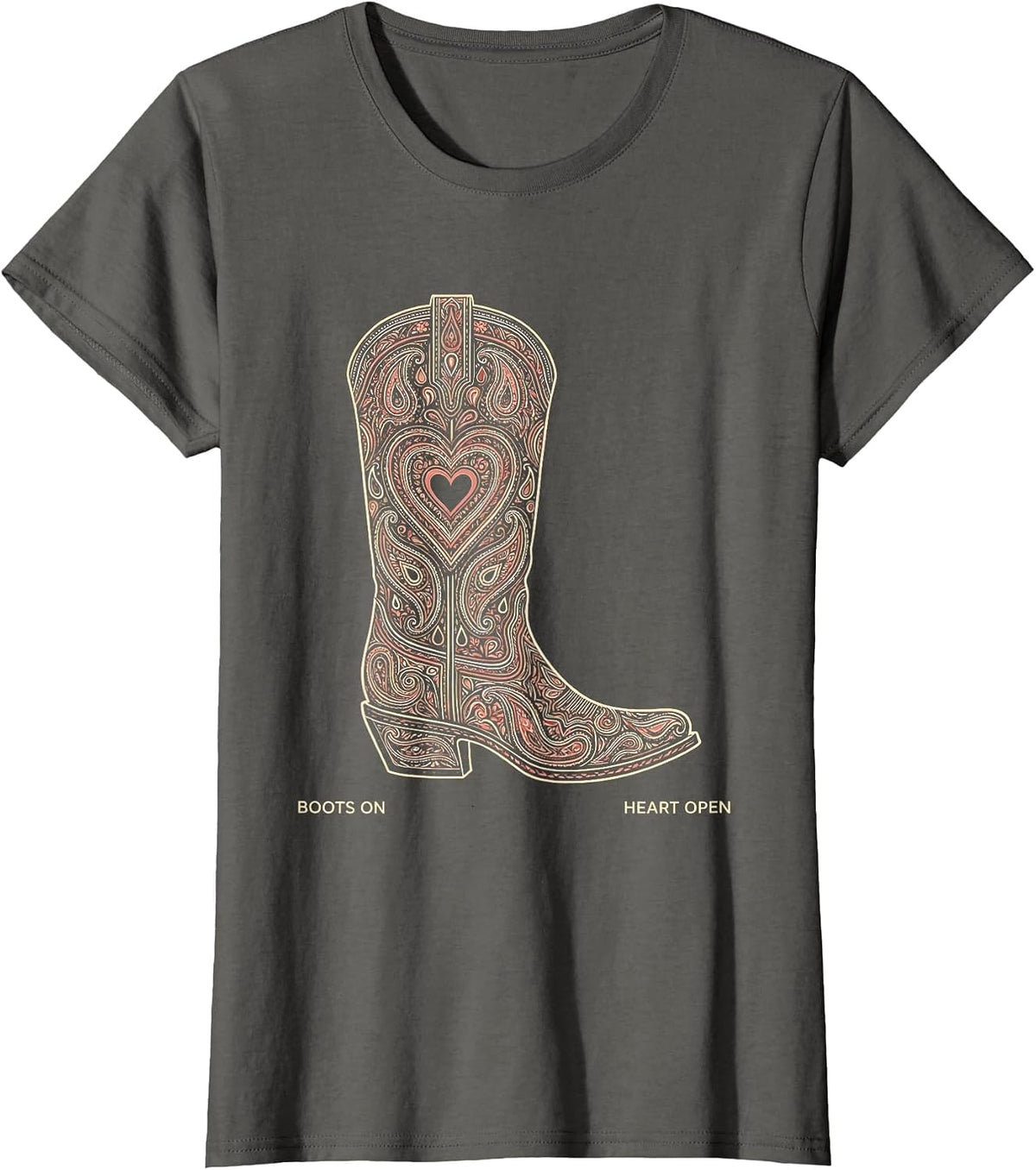 Women's Boots On Heart Open Girls Western Design T-Shirt - Asphalt Grey